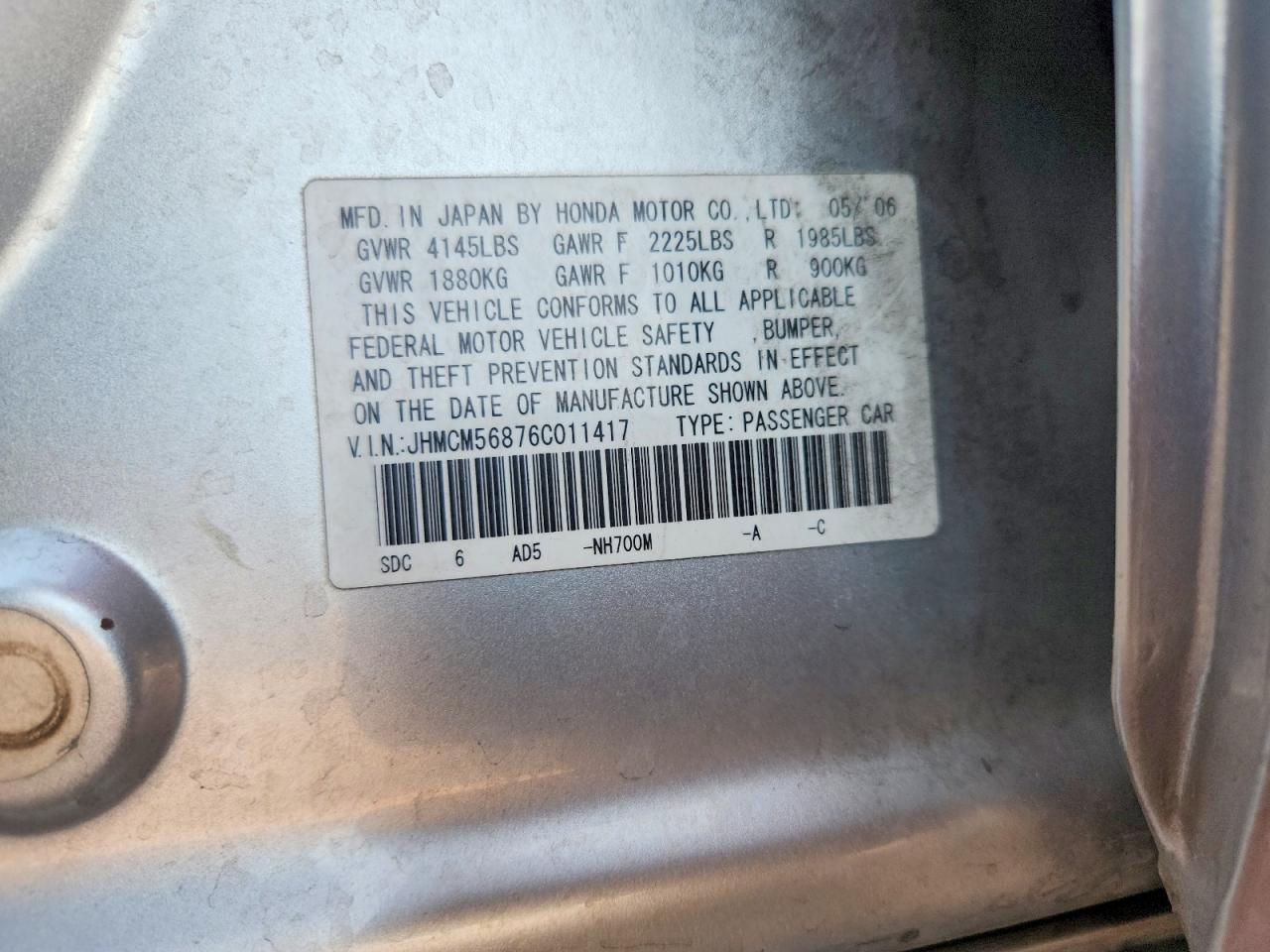 2006 Honda Accord Ex Silver vin: JHMCM56876C011417