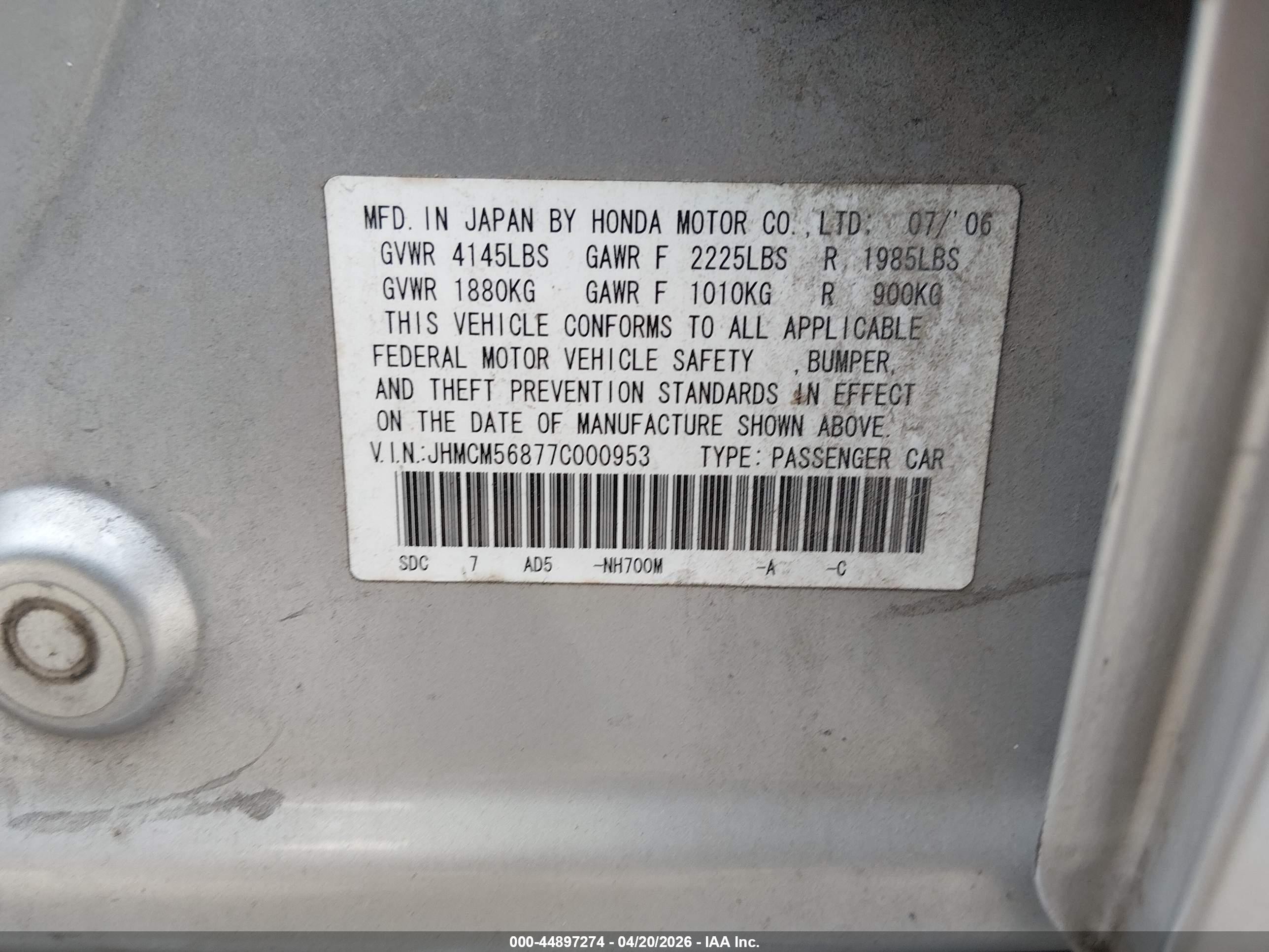 2007 Honda Accord 2.4 Ex Silver vin: JHMCM56877C000953