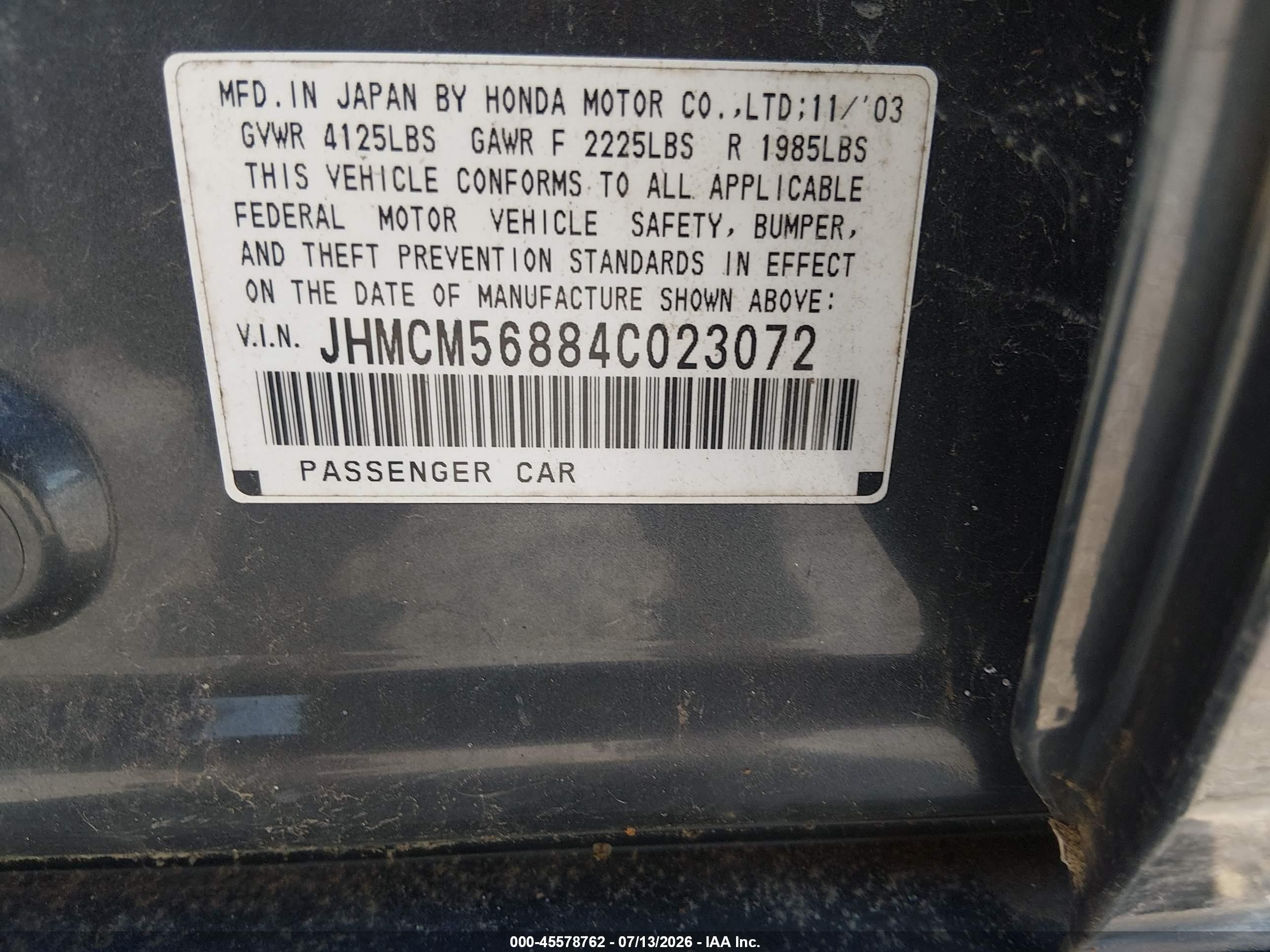 2004 Honda Accord 2.4 Ex Gray vin: JHMCM56884C023072
