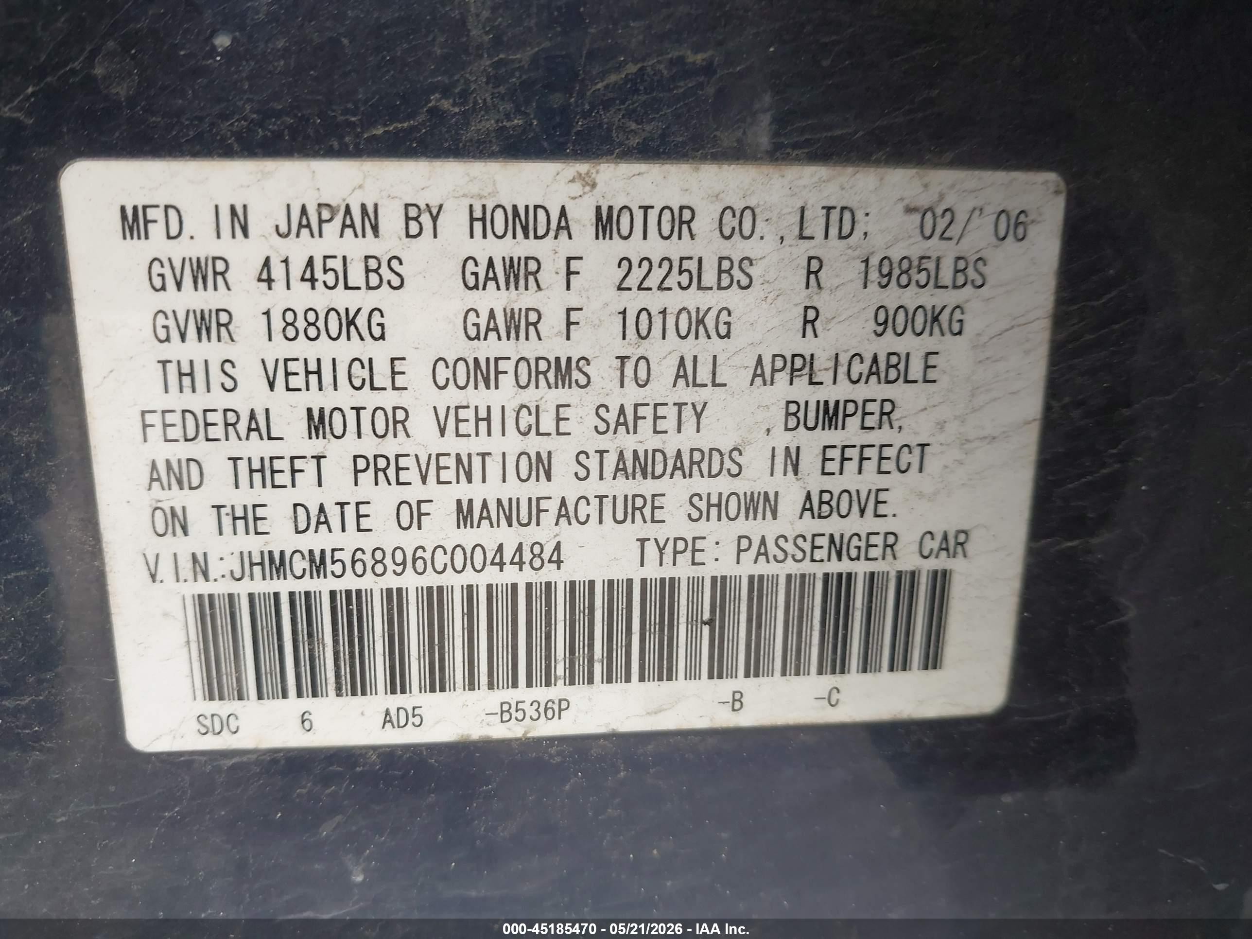 2006 Honda Accord 2.4 Ex Dark Blue vin: JHMCM56896C004484