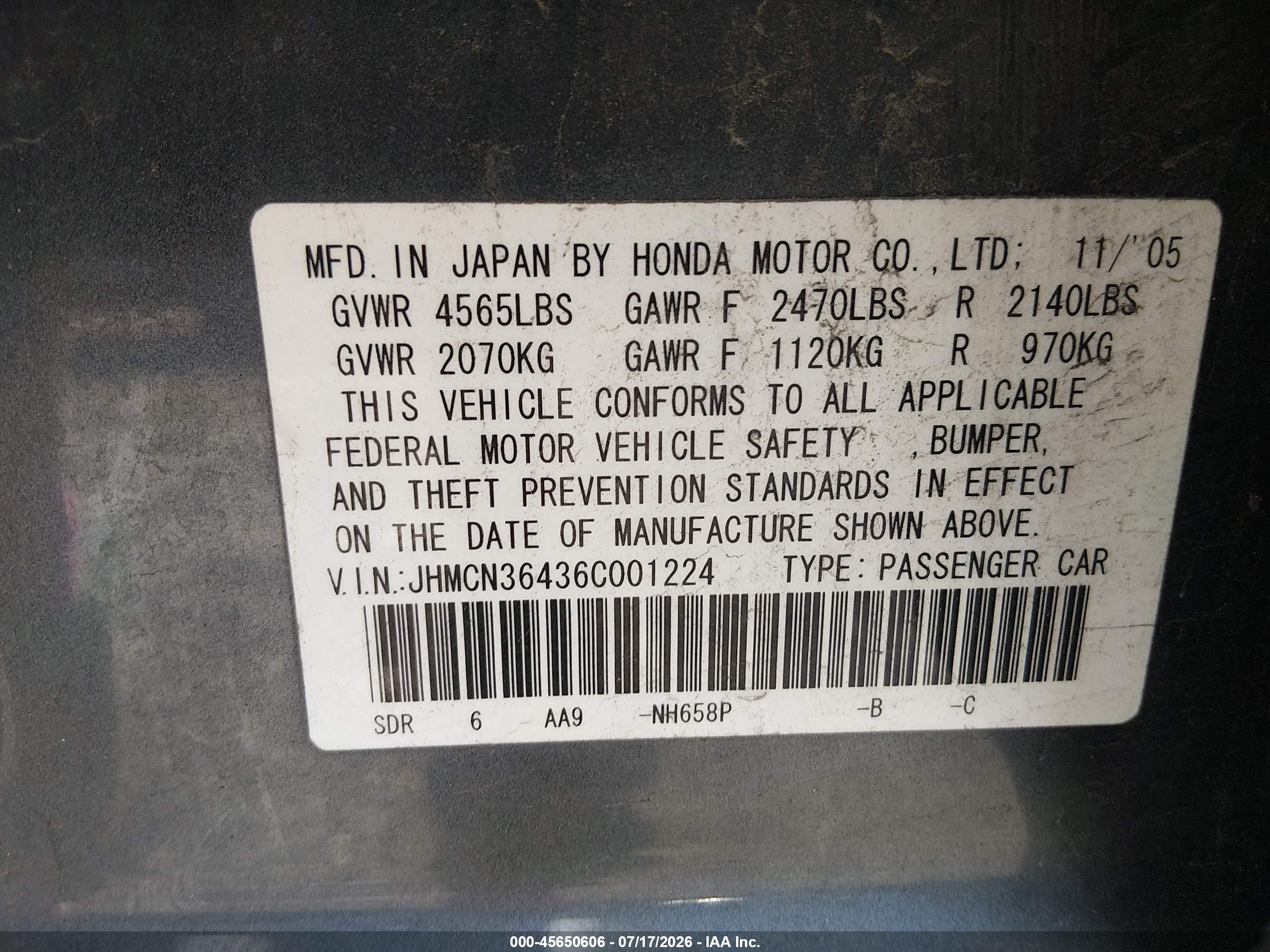 2006 Honda Accord Hybrid   Gray vin: JHMCN36436C001224