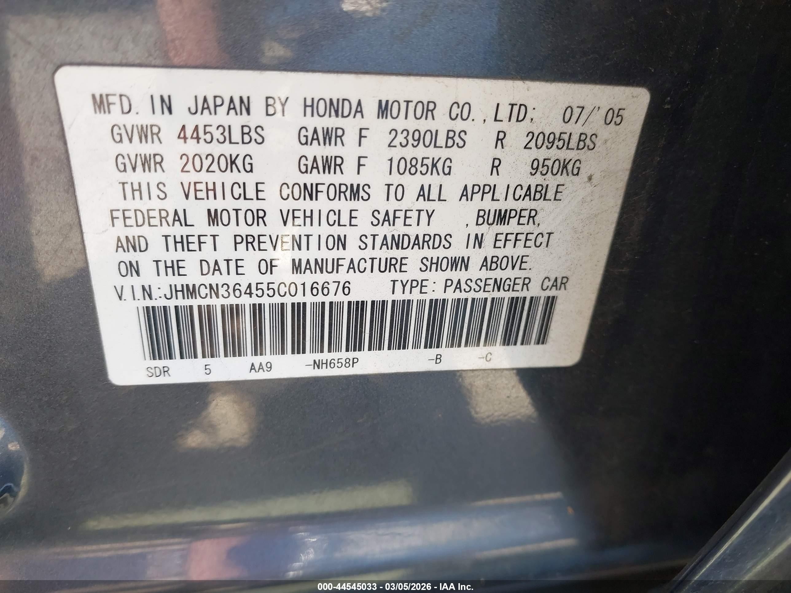 2005 Honda Accord Hybrid Ima Gray vin: JHMCN36455C016676