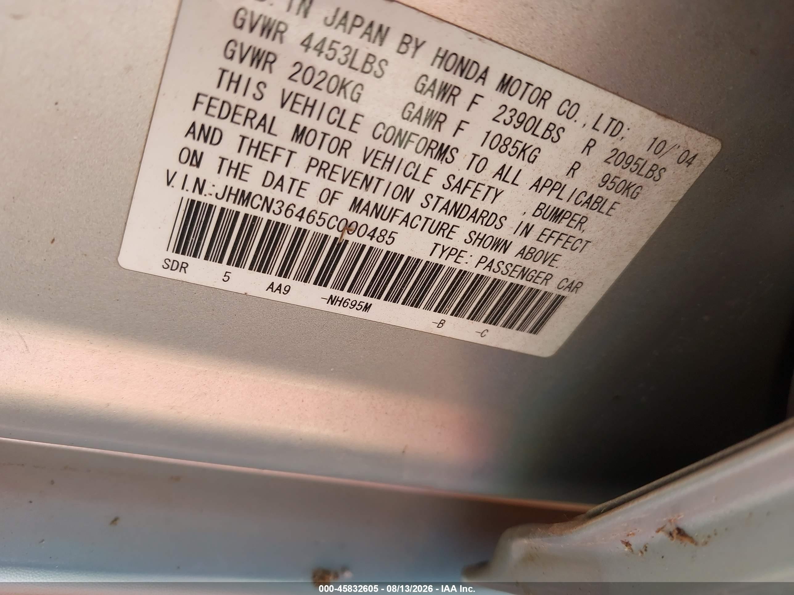 2005 Honda Accord Hybrid Ima Silver vin: JHMCN36465C000485