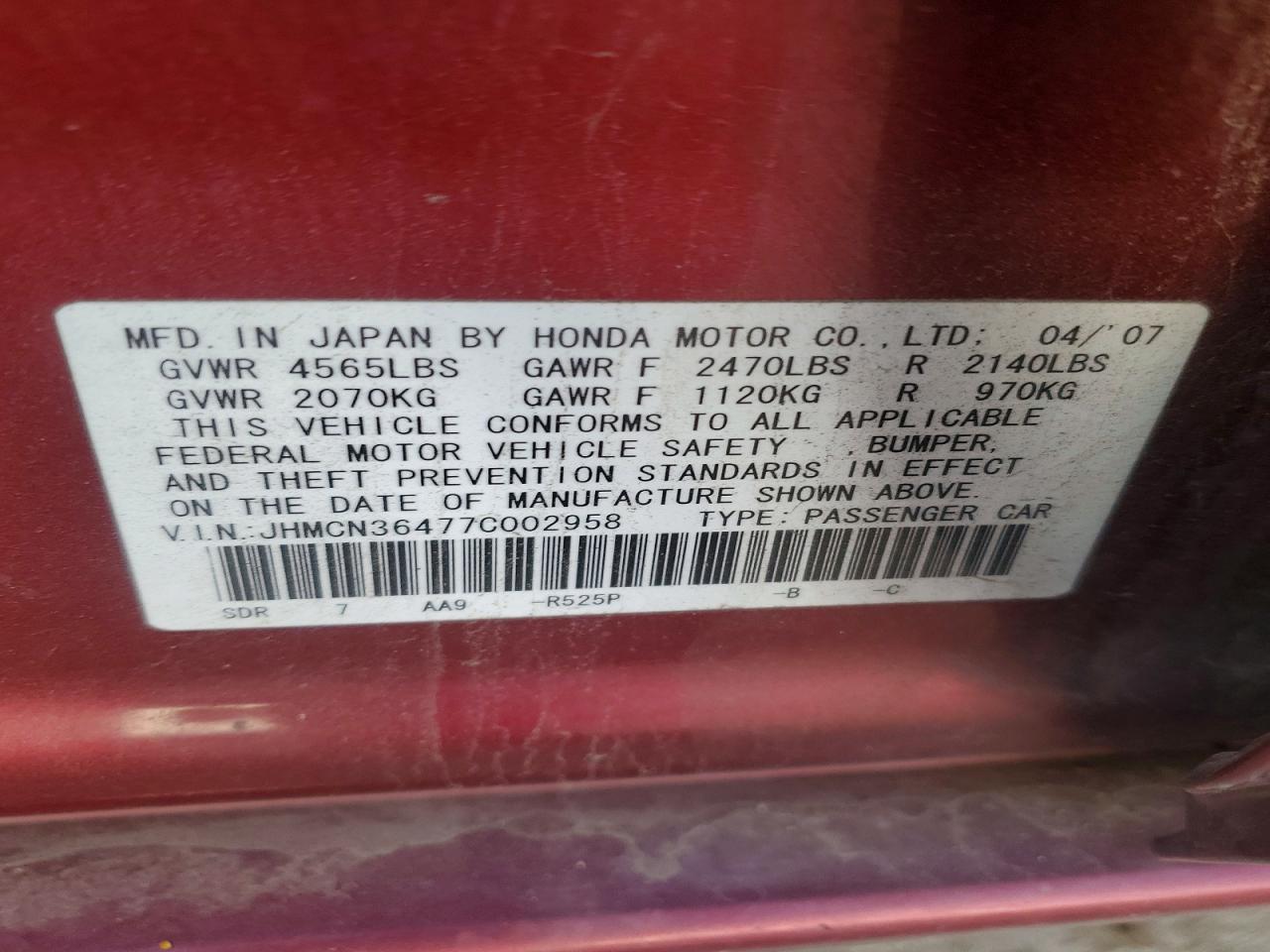 2007 Honda Accord Hybrid Red vin: JHMCN36477C002958