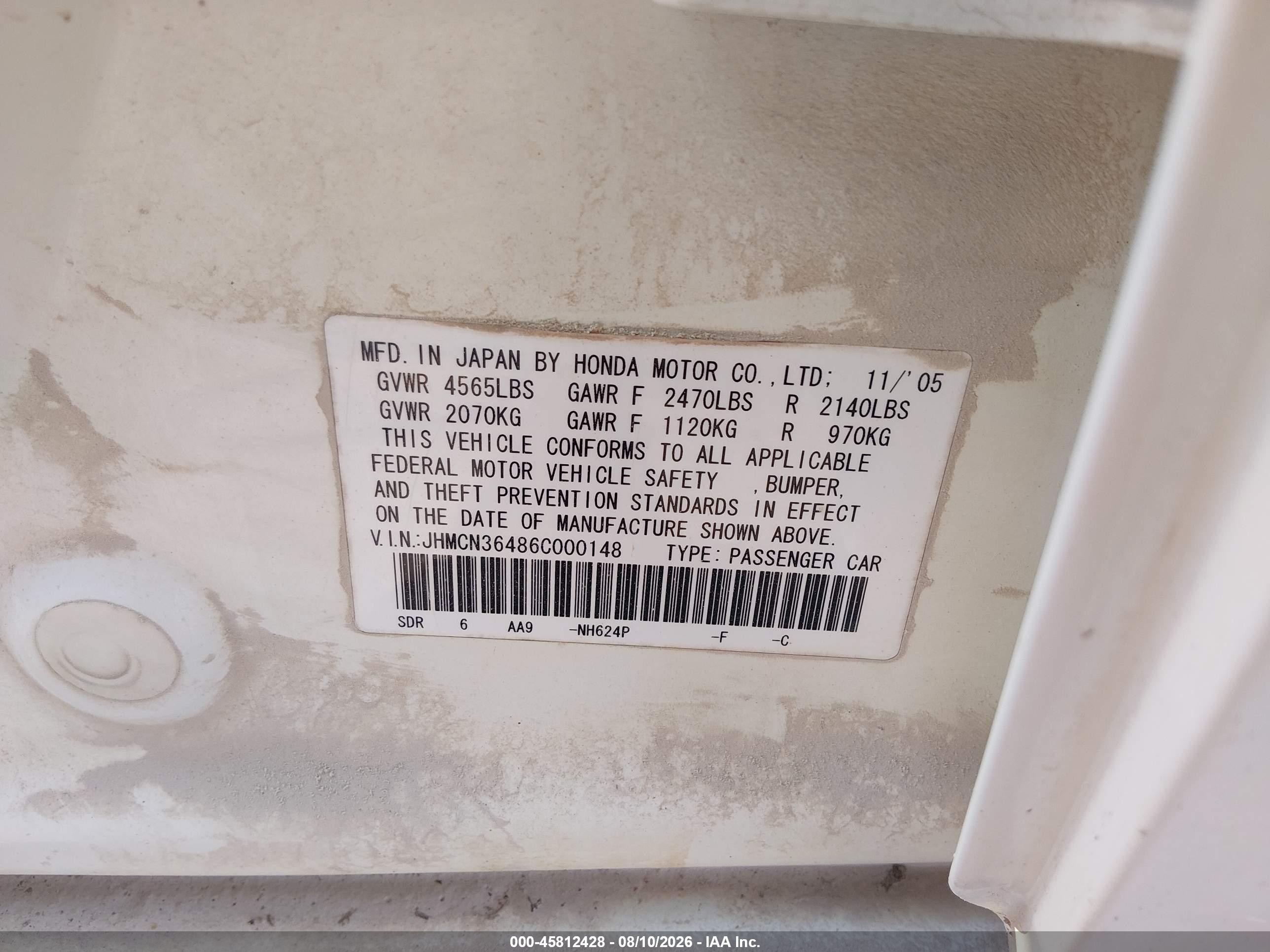 2006 Honda Accord Hybrid   White vin: JHMCN36486C000148