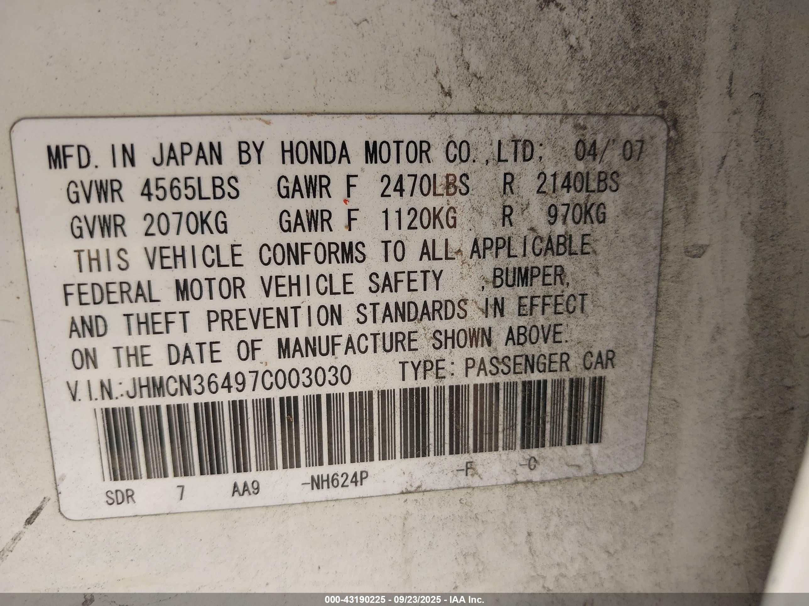 2007 Honda Accord Hybrid   White vin: JHMCN36497C003030