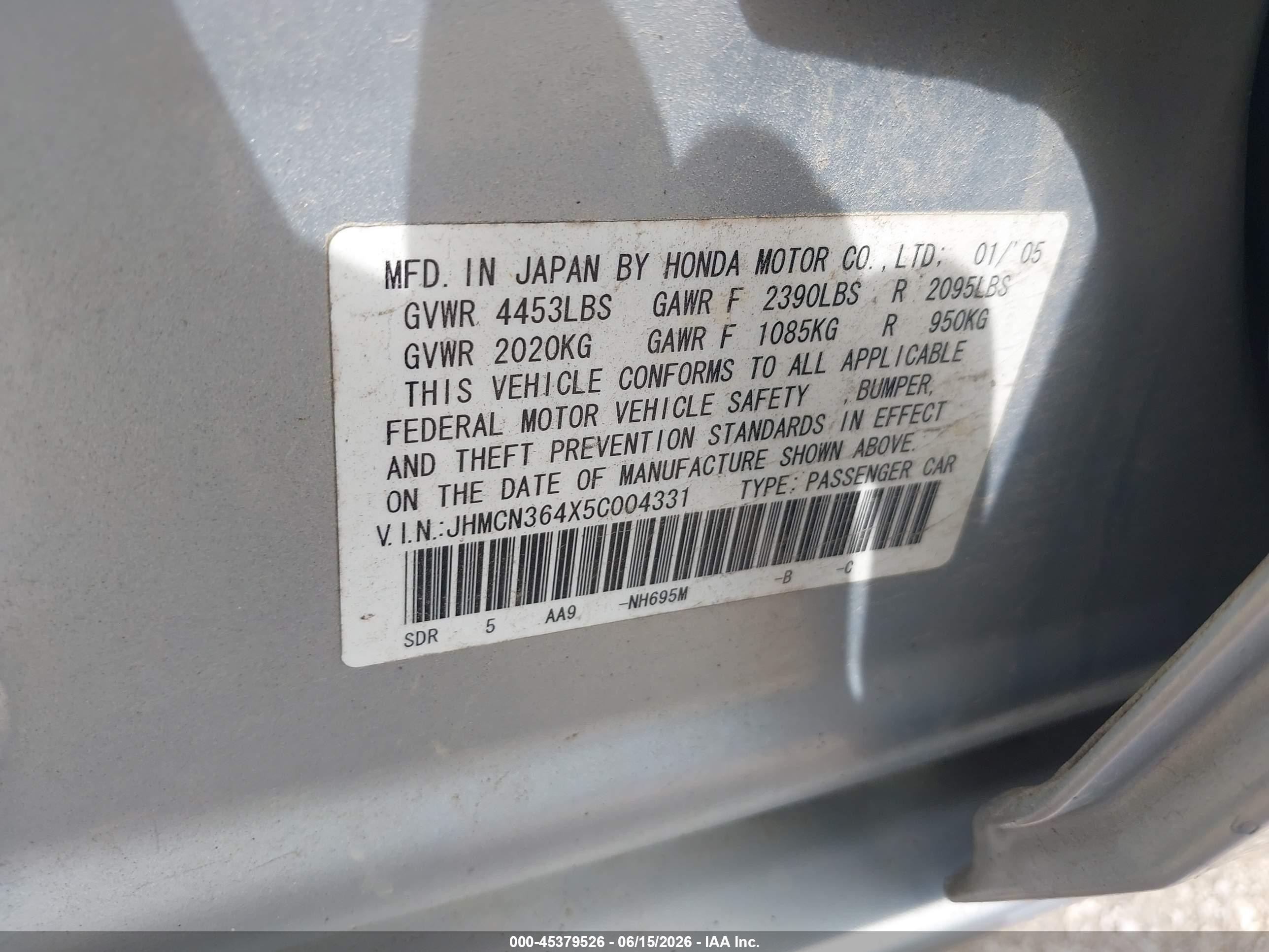 2005 Honda Accord Hybrid Ima Silver vin: JHMCN364X5C004331