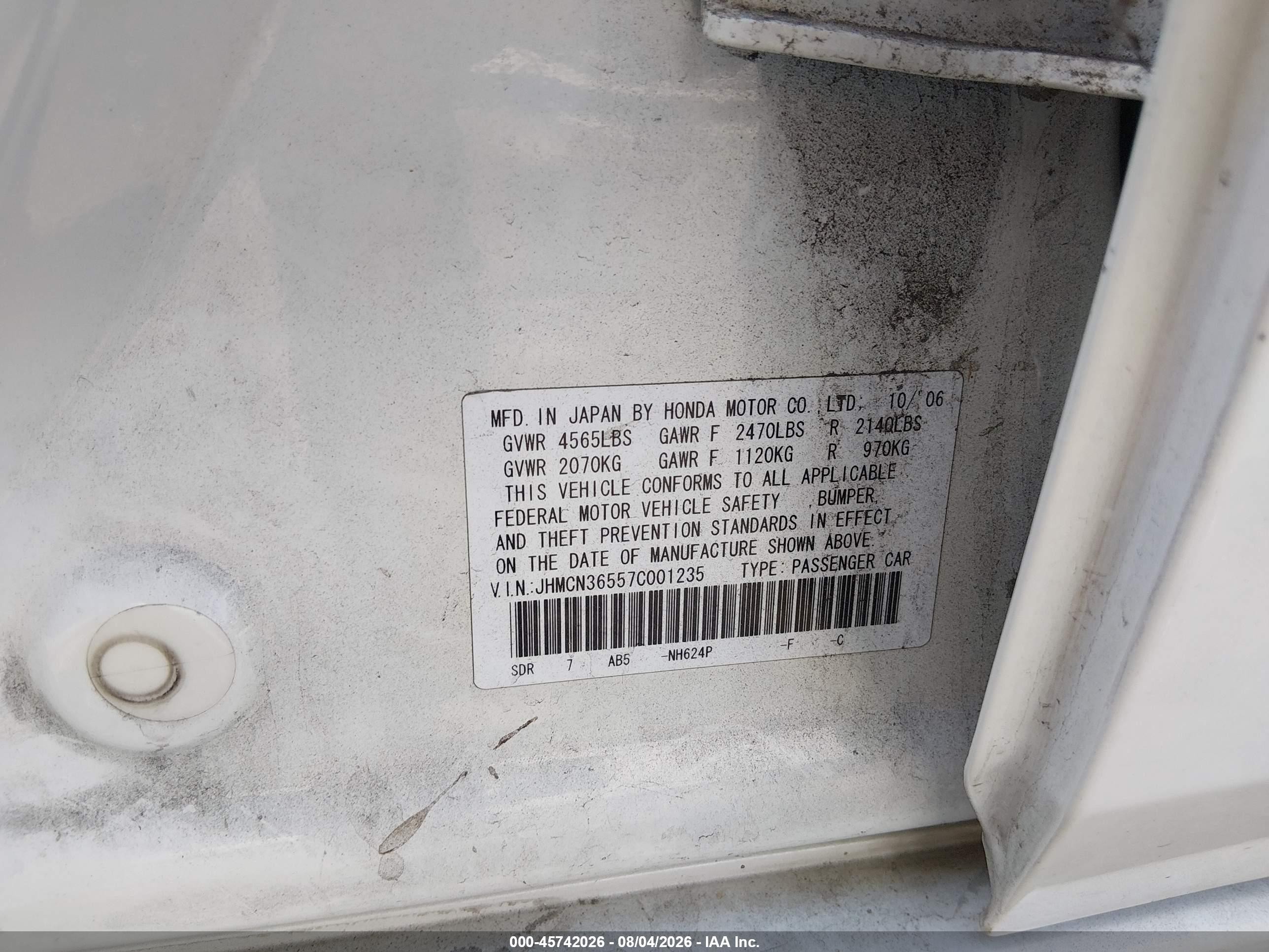 2007 Honda Accord Hybrid   White vin: JHMCN36557C001235