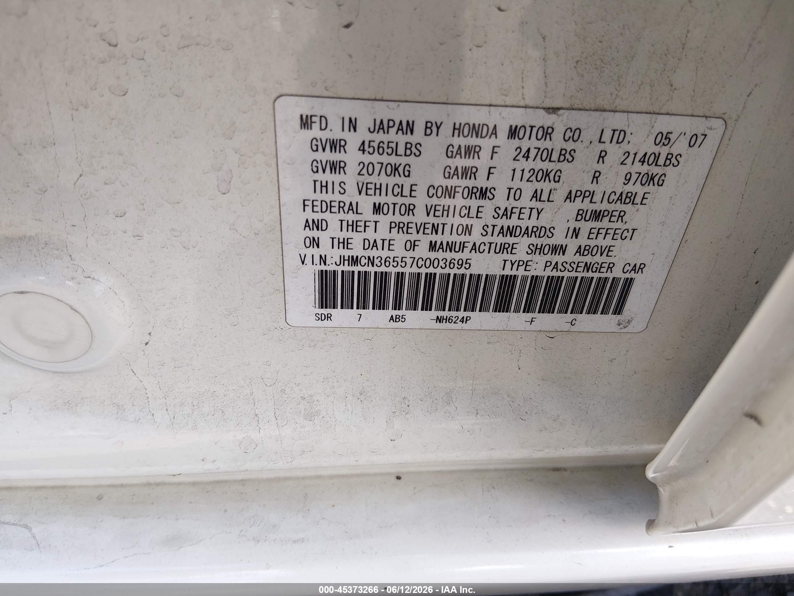2007 Honda Accord Hybrid   White vin: JHMCN36557C003695