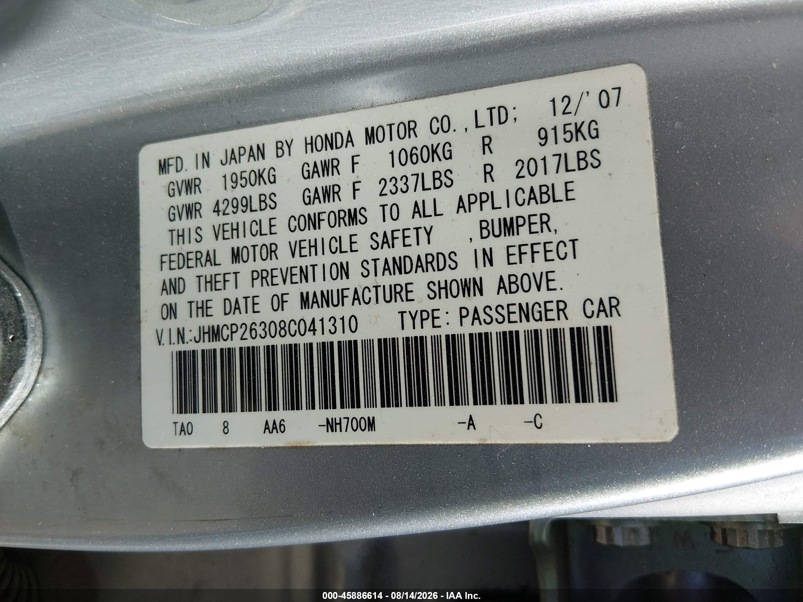 2008 Honda Accord 2.4 Lx Silver vin: JHMCP26308C041310