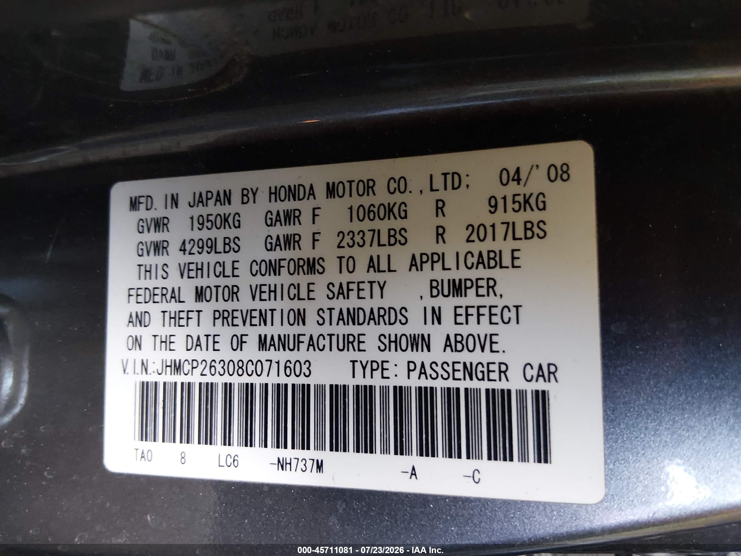 2008 Honda Accord 2.4 Lx Gray vin: JHMCP26308C071603