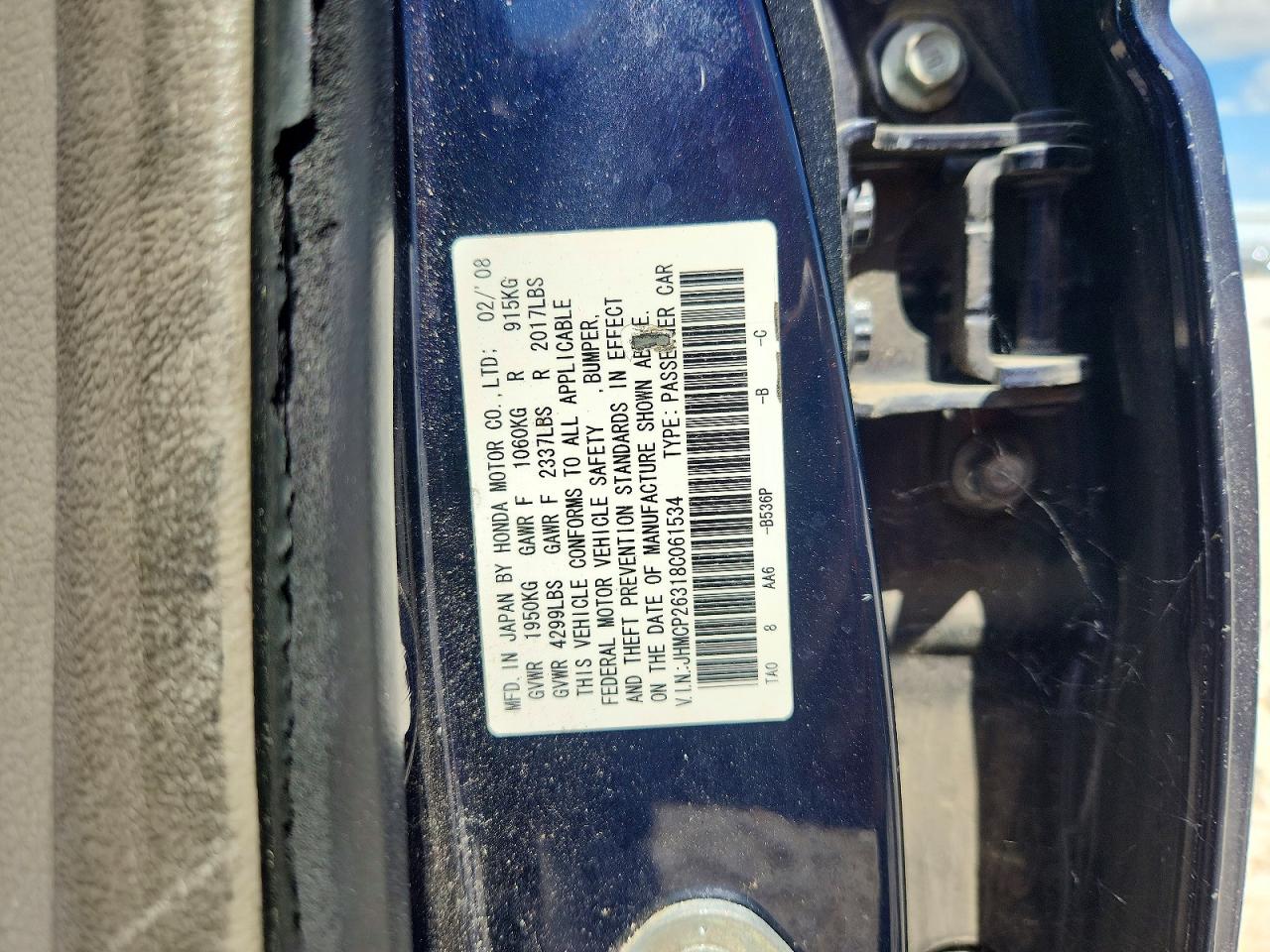 2008 Honda Accord Lx Blue vin: JHMCP26318C061534