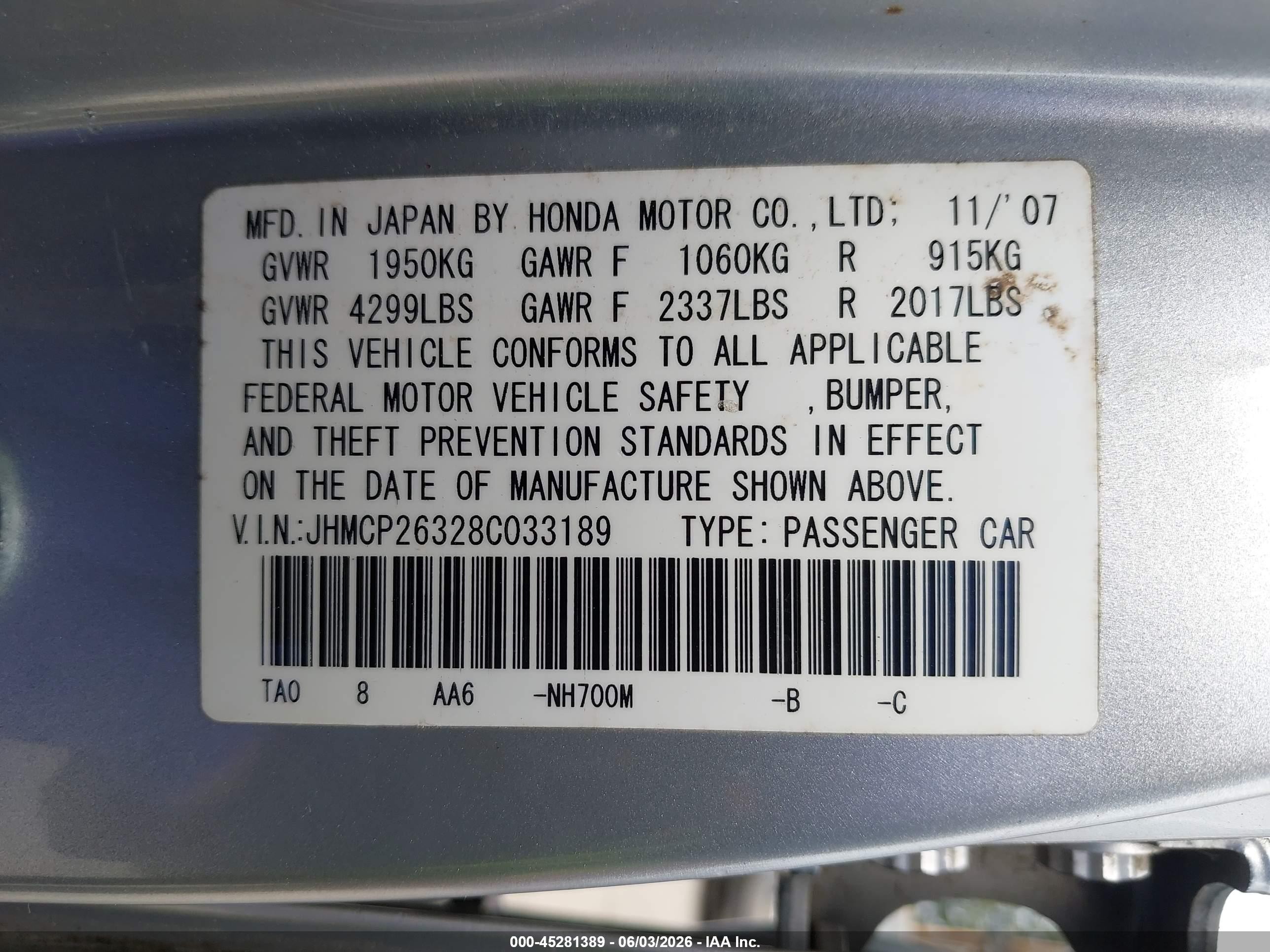2008 Honda Accord 2.4 Lx Silver vin: JHMCP26328C033189