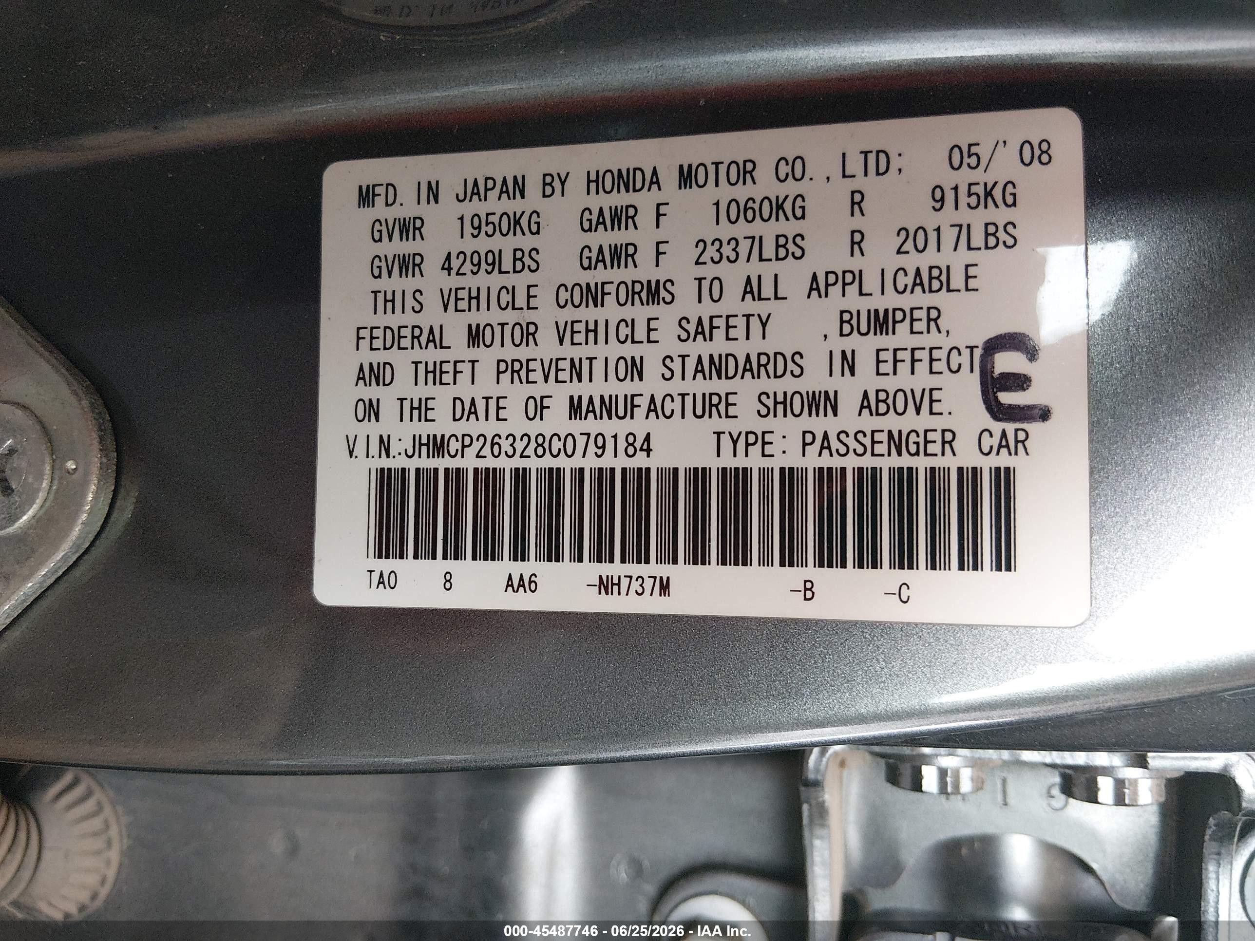 2008 Honda Accord 2.4 Lx Gray vin: JHMCP26328C079184