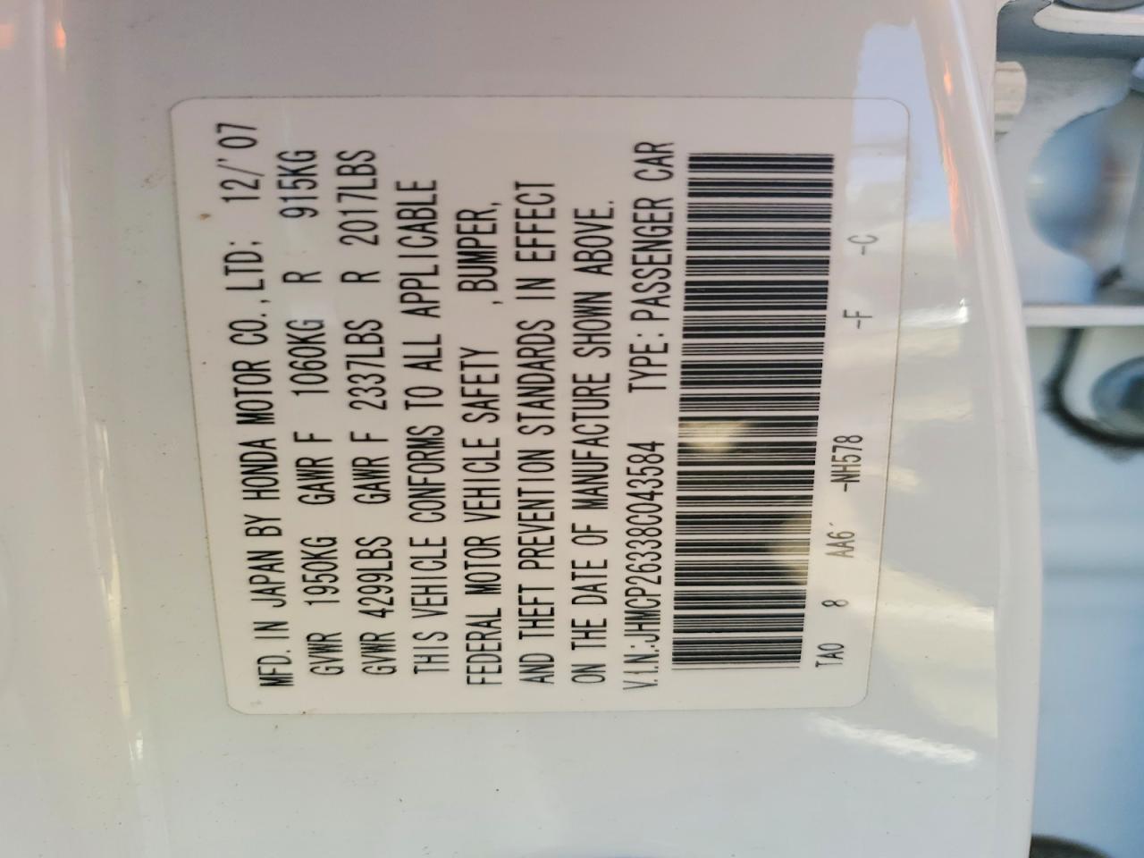 2008 Honda Accord Lx White vin: JHMCP26338C043584