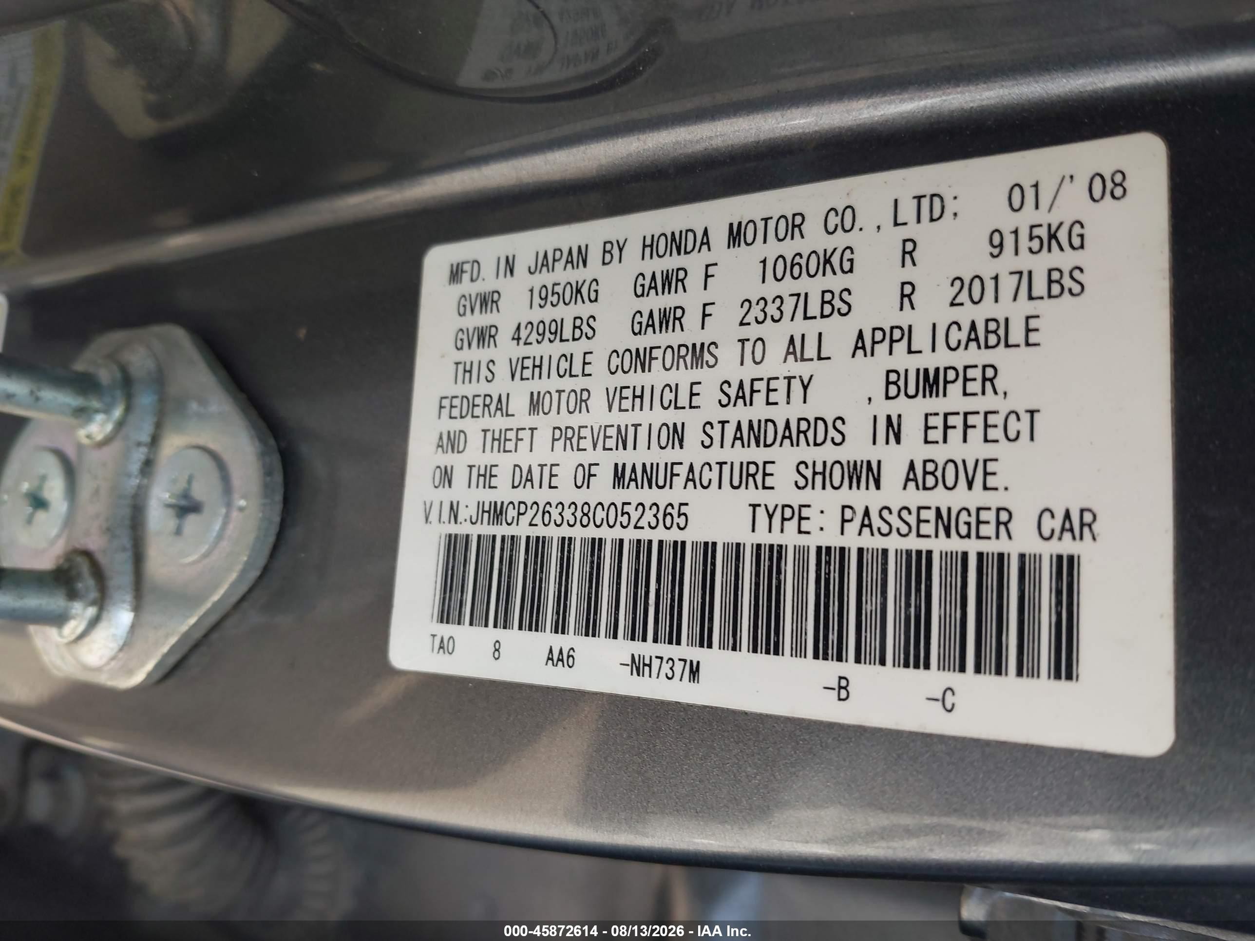 2008 Honda Accord 2.4 Lx Gray vin: JHMCP26338C052365