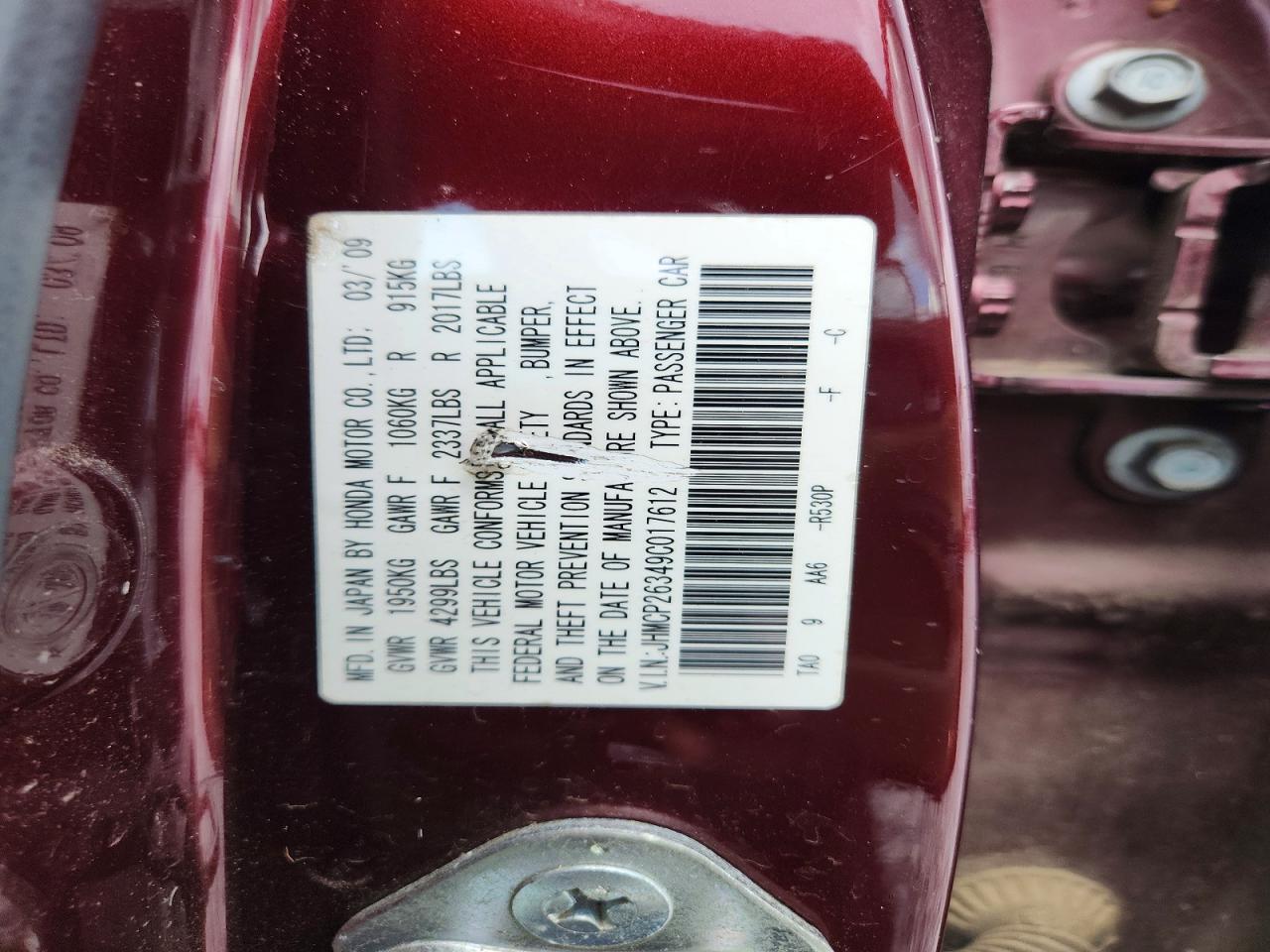 2009 Honda Accord Lx Burgundy vin: JHMCP26349C017612