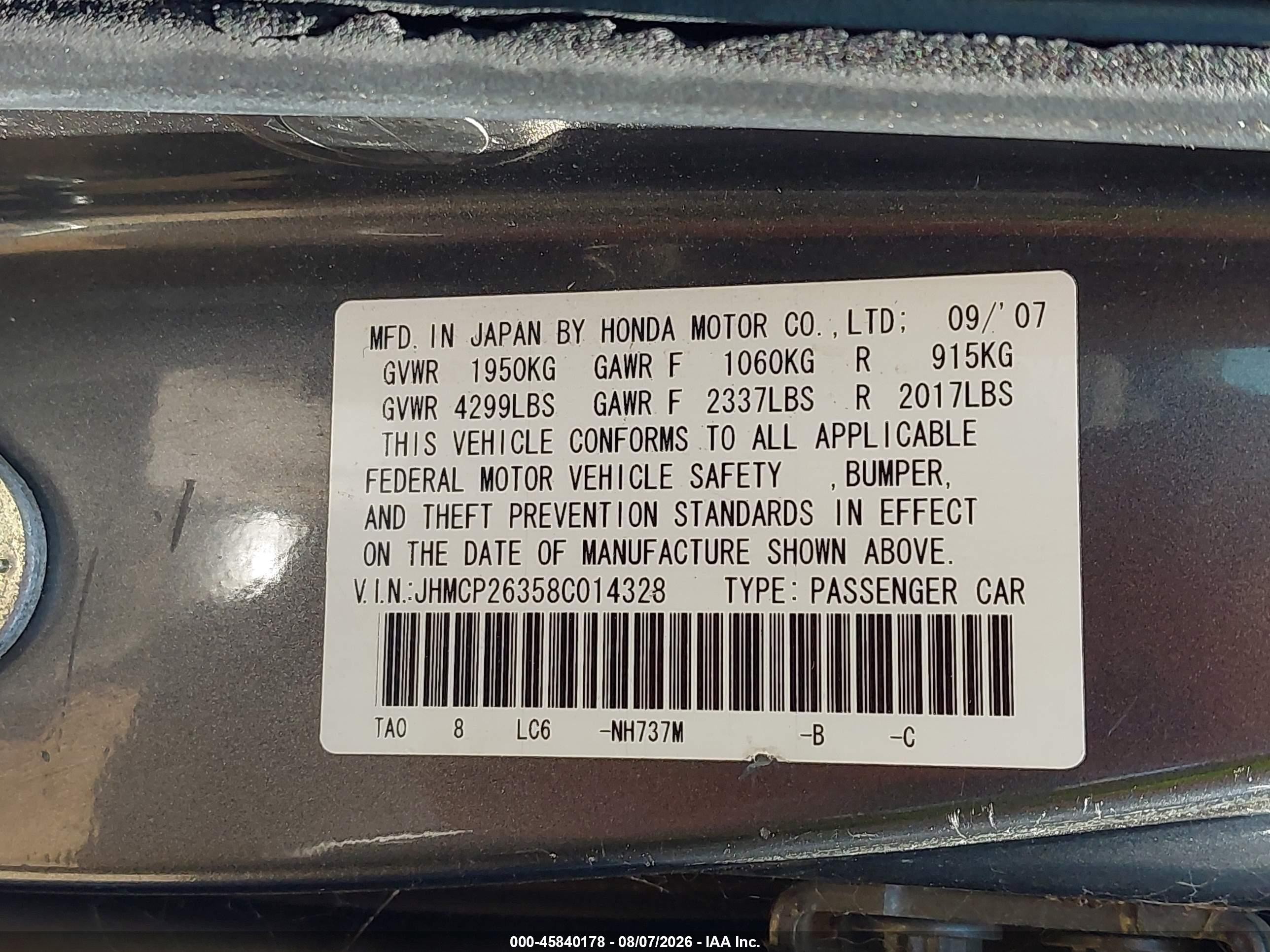 2008 Honda Accord 2.4 Lx Gray vin: JHMCP26358C014328