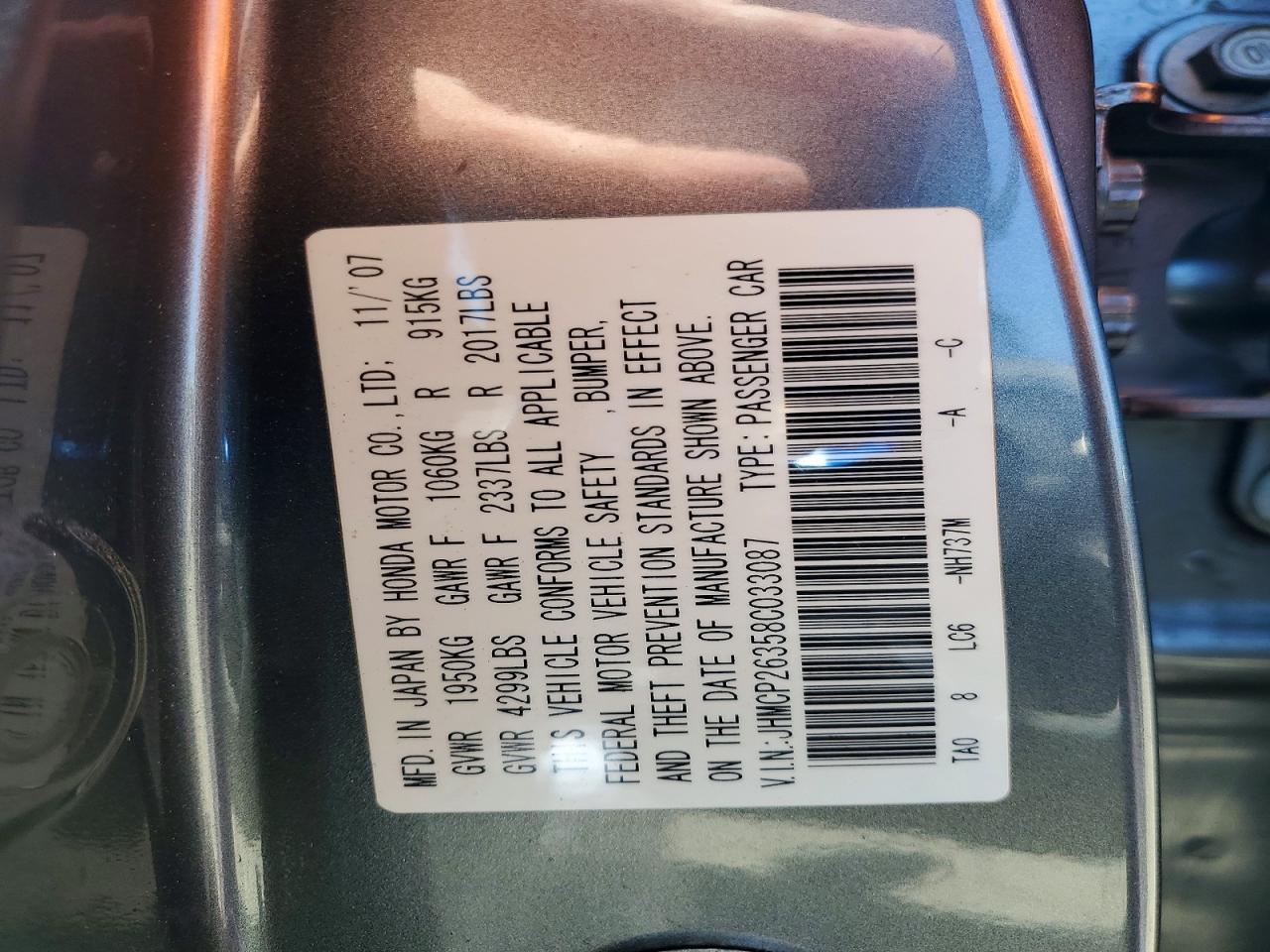 2008 Honda Accord Lx Gray vin: JHMCP26358C033087