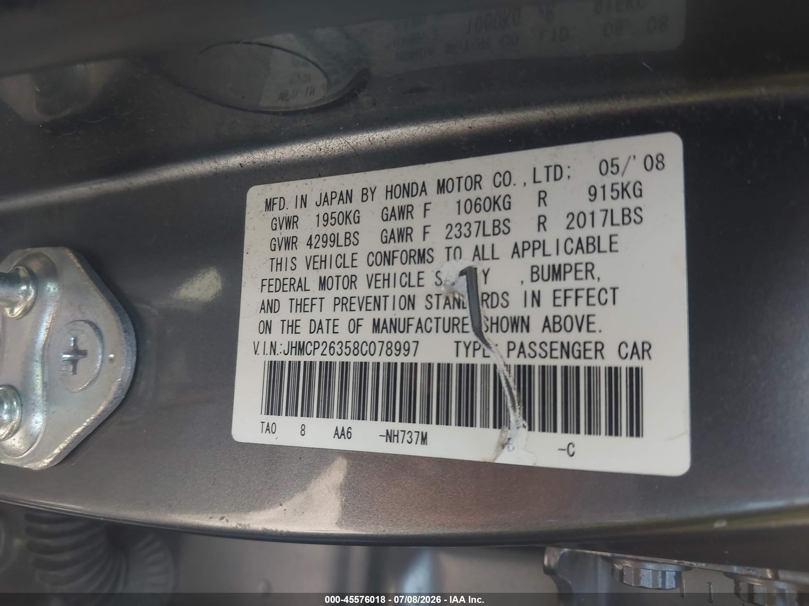 2008 Honda Accord 2.4 Lx Gray vin: JHMCP26358C078997
