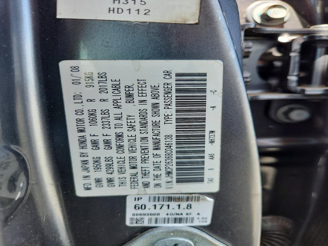 2008 Honda Accord Lx Gray vin: JHMCP26368C046138