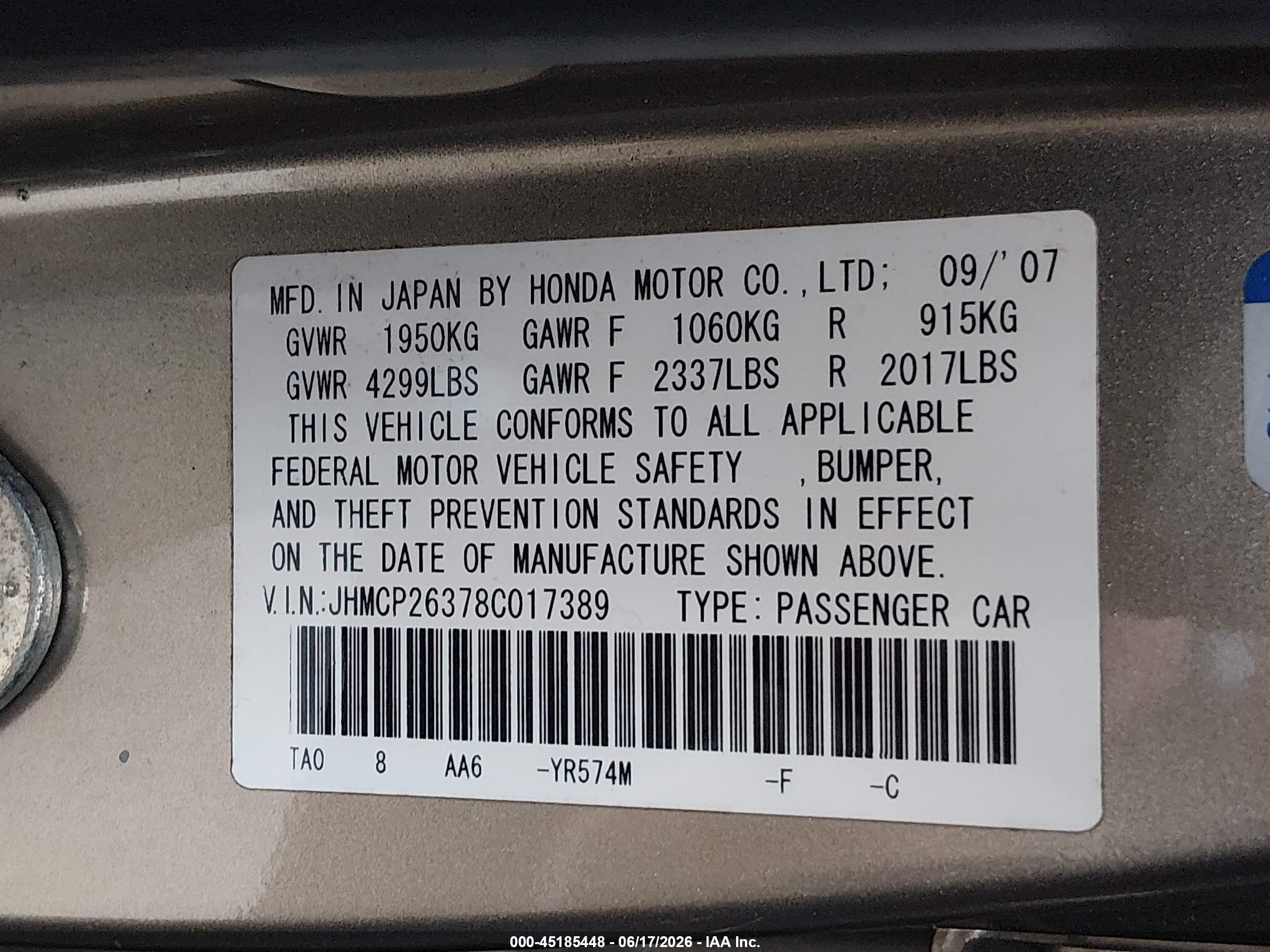 2008 Honda Accord 2.4 Lx Gold vin: JHMCP26378C017389