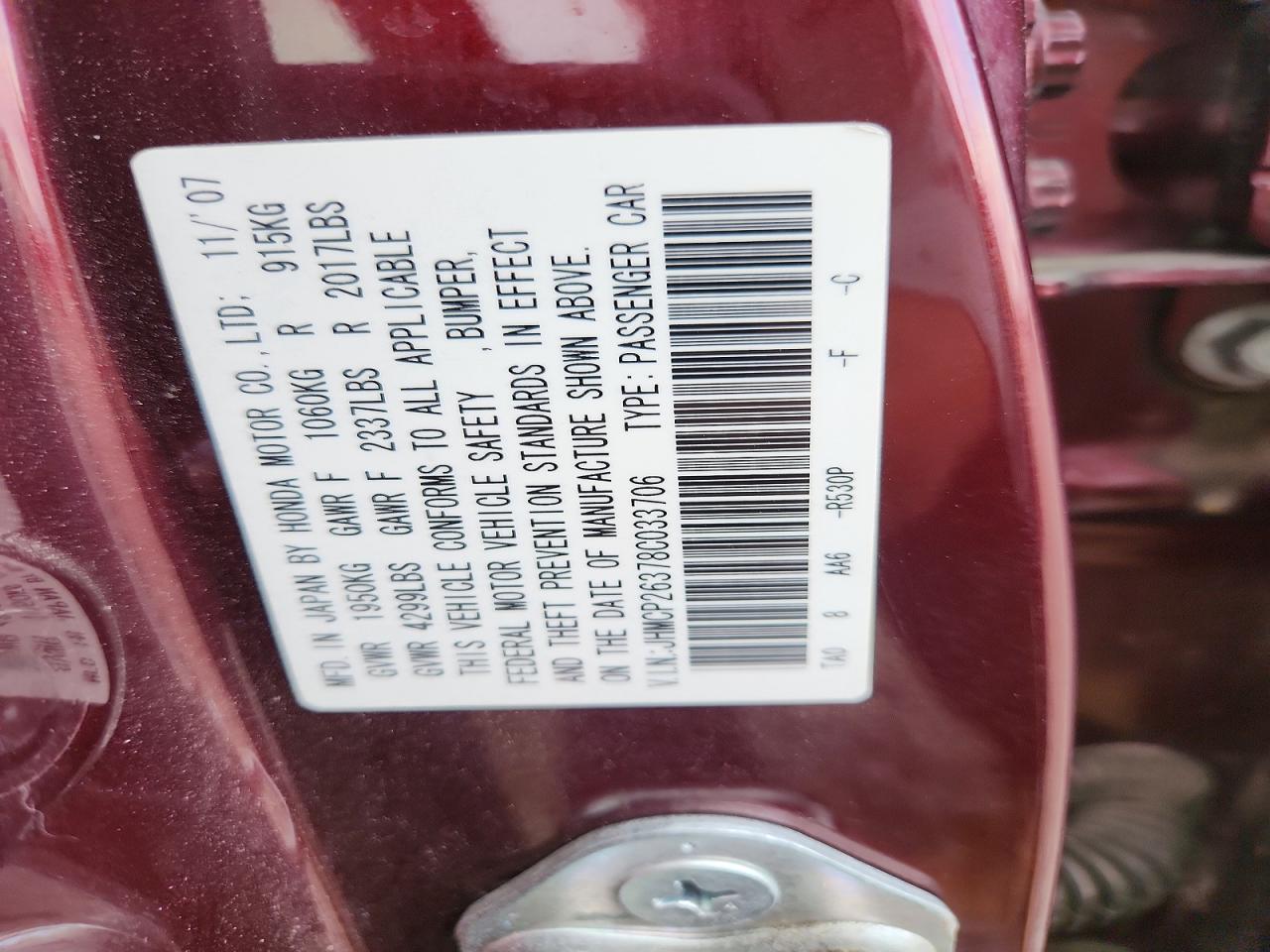 2008 Honda Accord Lx Maroon vin: JHMCP26378C033706