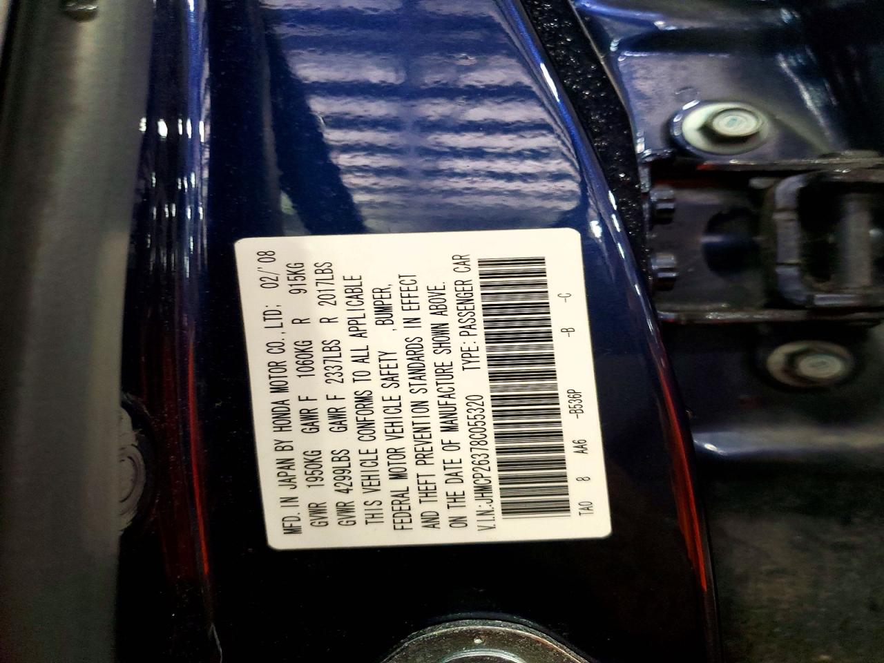 2008 Honda Accord Lx Blue vin: JHMCP26378C055320