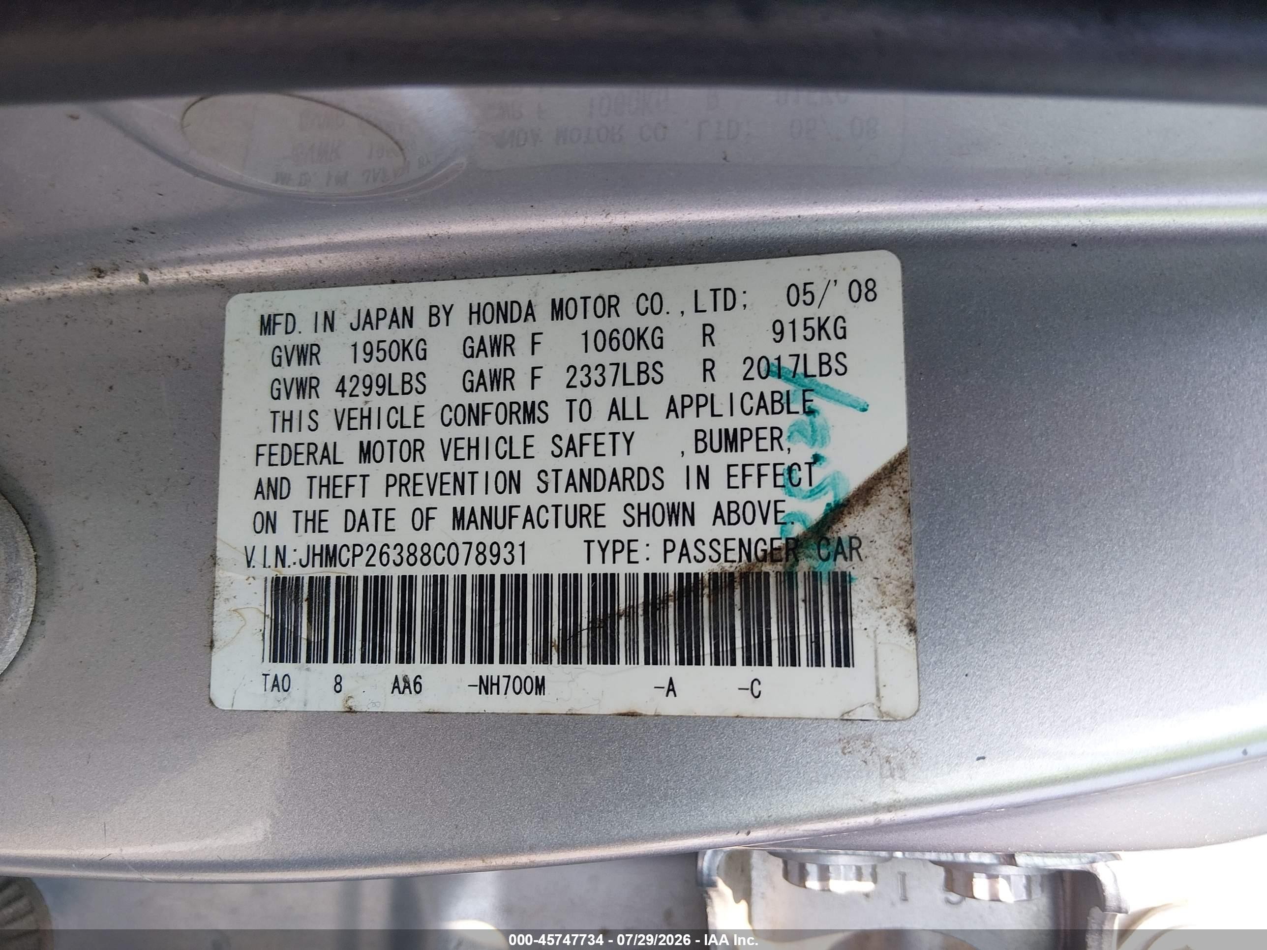 2008 Honda Accord 2.4 Lx Silver vin: JHMCP26388C078931