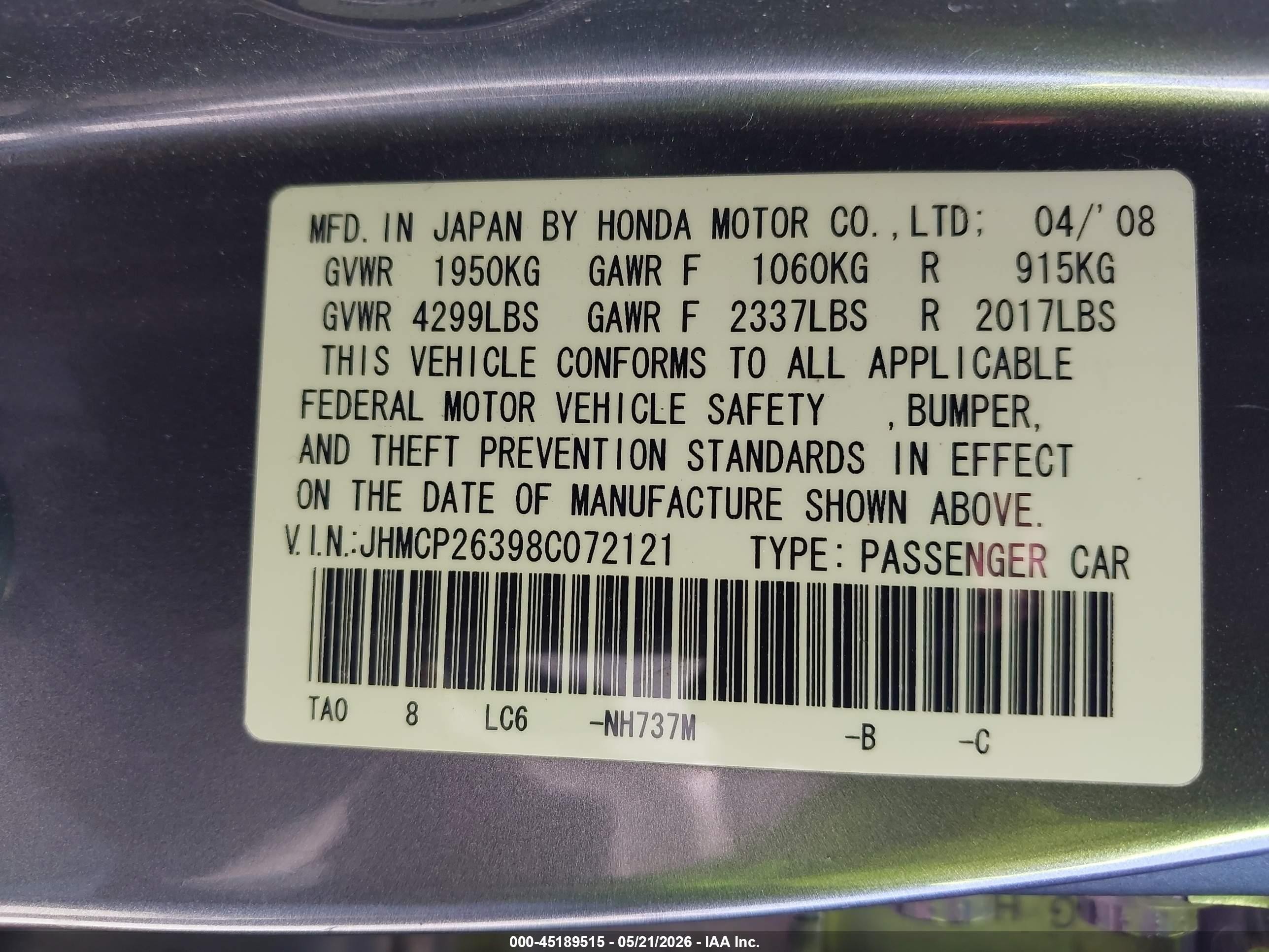 2008 Honda Accord 2.4 Lx Gray vin: JHMCP26398C072121