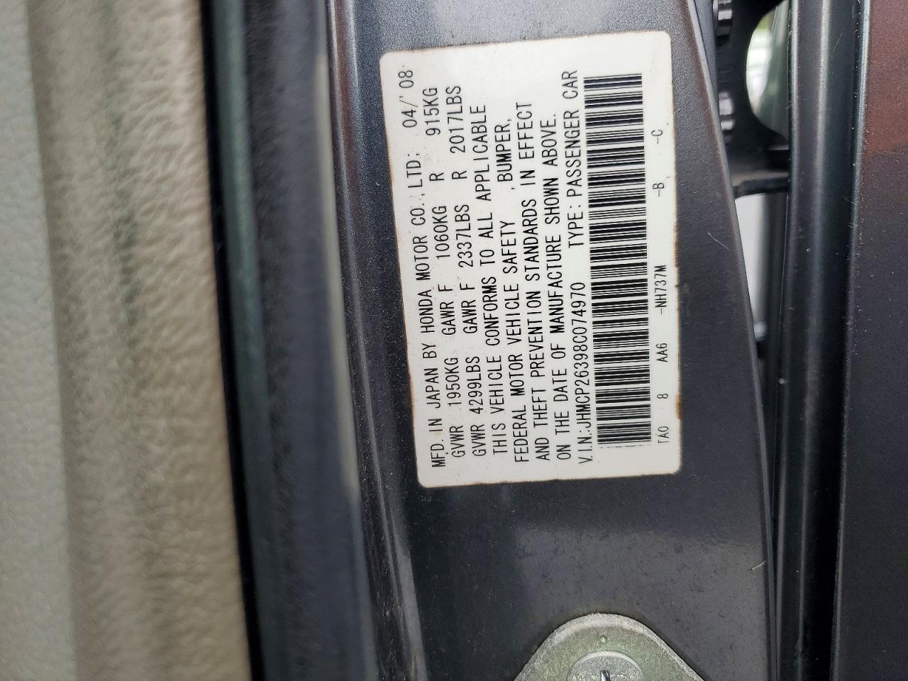 2008 Honda Accord Lx Gray vin: JHMCP26398C074970