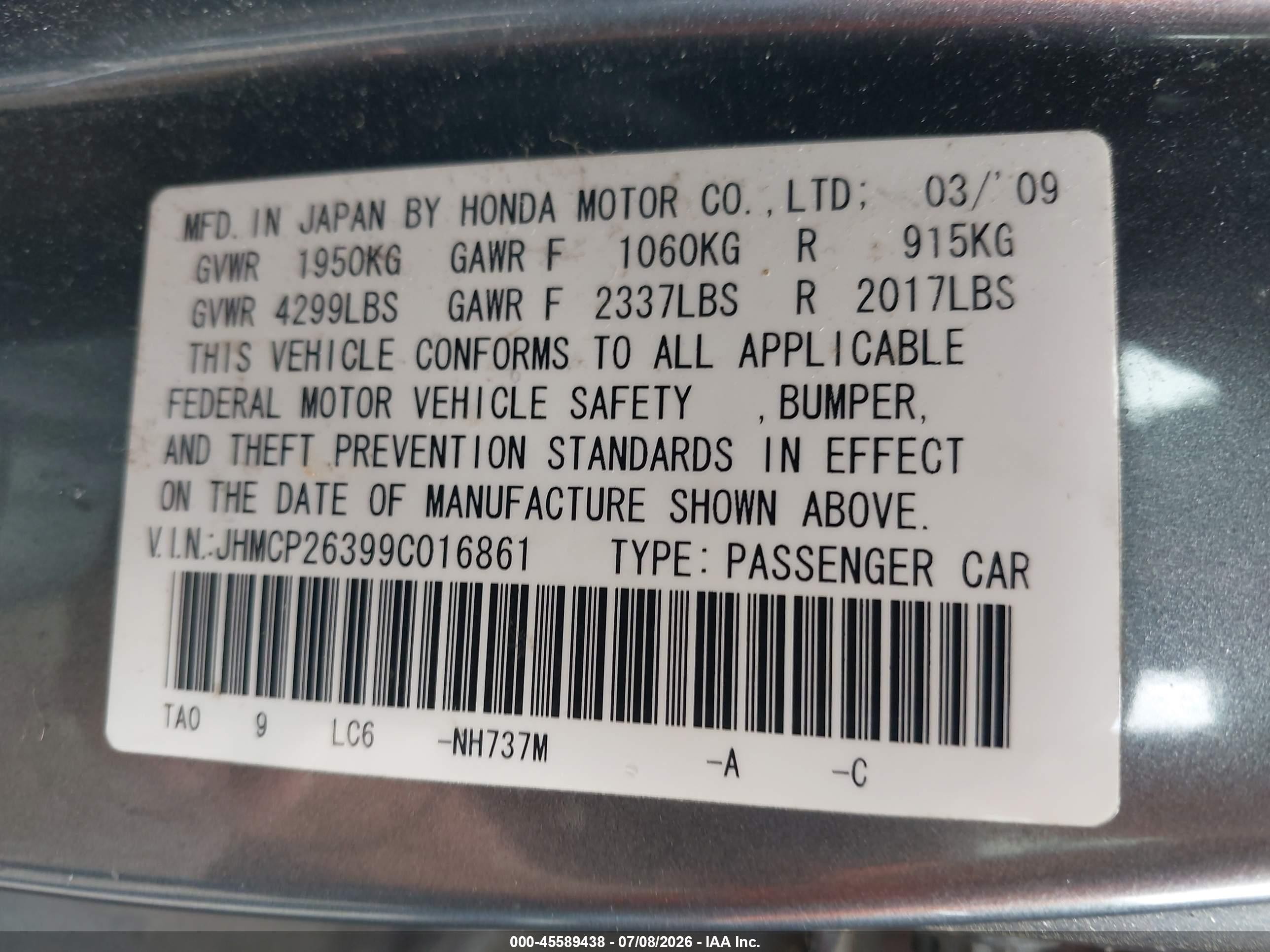 2009 Honda Accord 2.4 Lx Gray vin: JHMCP26399C016861