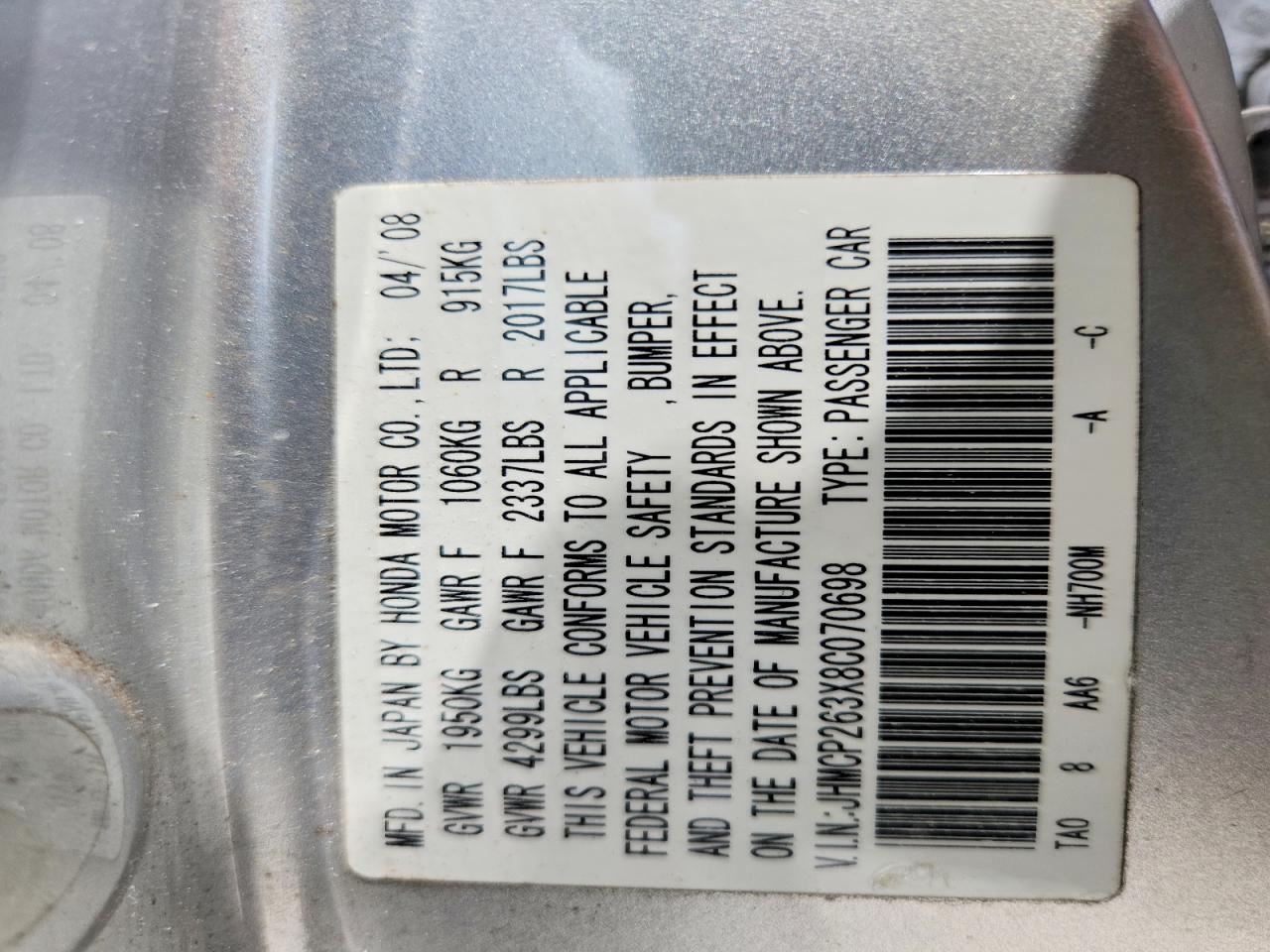 2008 Honda Accord Lx Silver vin: JHMCP263X8C070698