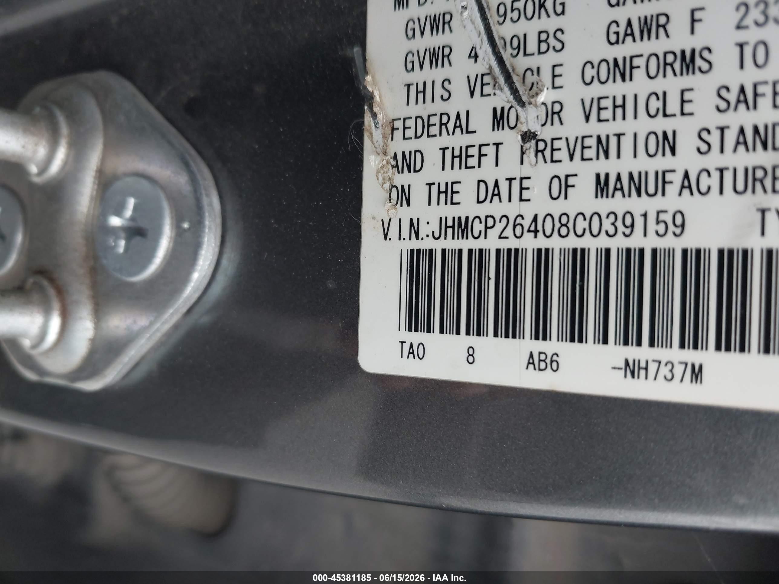 2008 Honda Accord 2.4 Lx-p Gray vin: JHMCP26408C039159