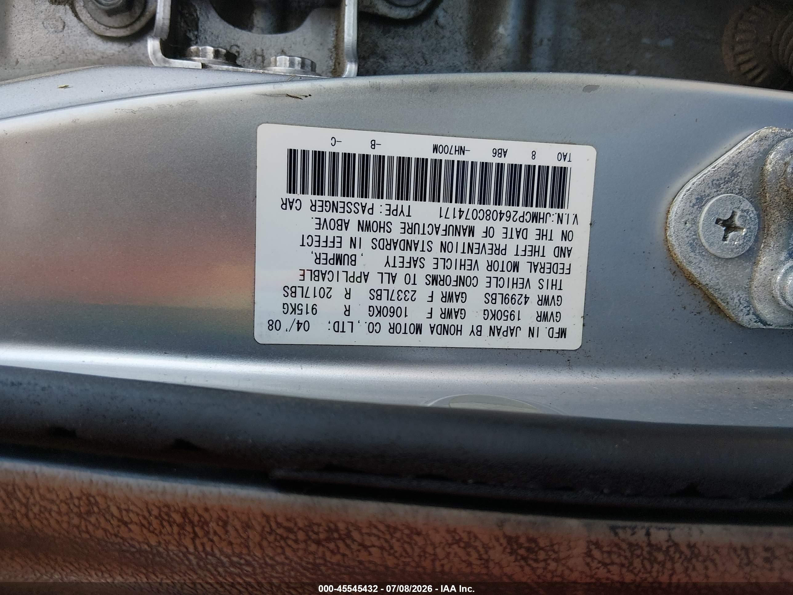 2008 Honda Accord 2.4 Lx-p Gray vin: JHMCP26408C074171