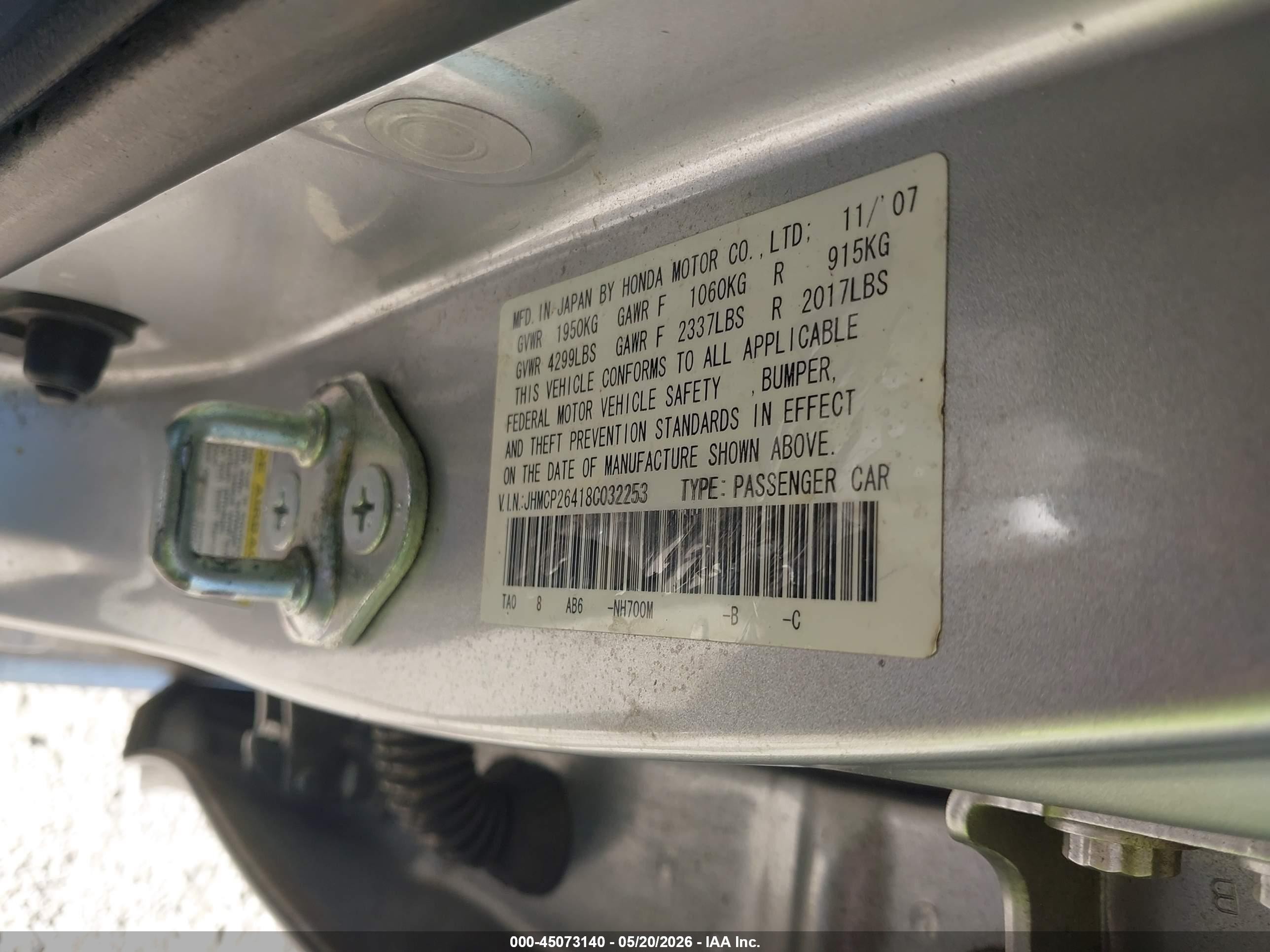 2008 Honda Accord 2.4 Lx-p Silver vin: JHMCP26418C032253