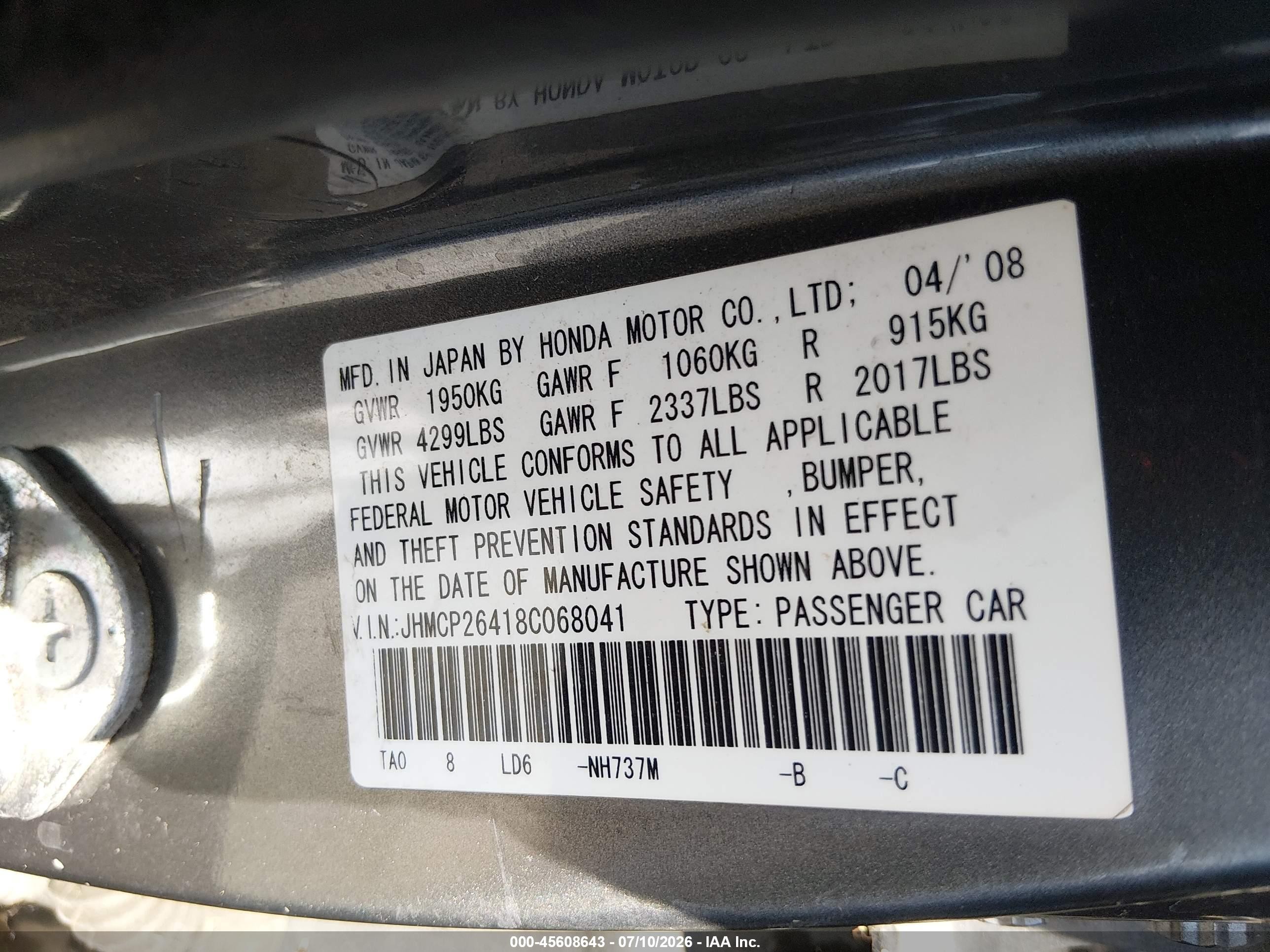2008 Honda Accord 2.4 Lx-p Gray vin: JHMCP26418C068041