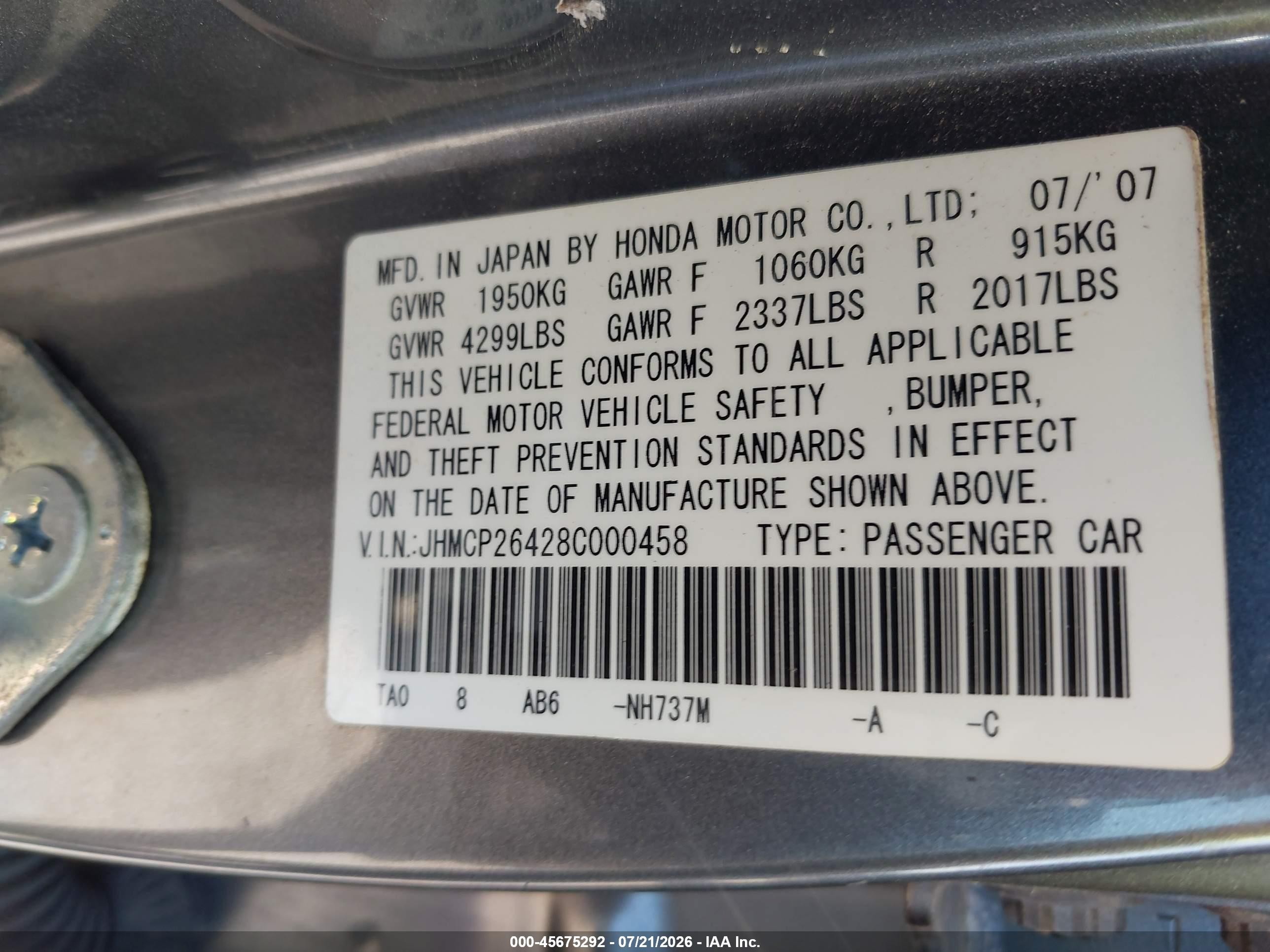 2008 Honda Accord 2.4 Lx-p Gray vin: JHMCP26428C000458