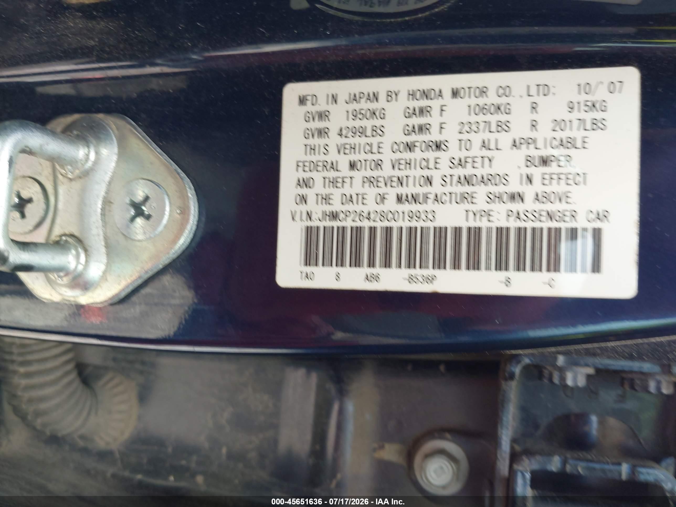 2008 Honda Accord 2.4 Lx-p Blue vin: JHMCP26428C019933