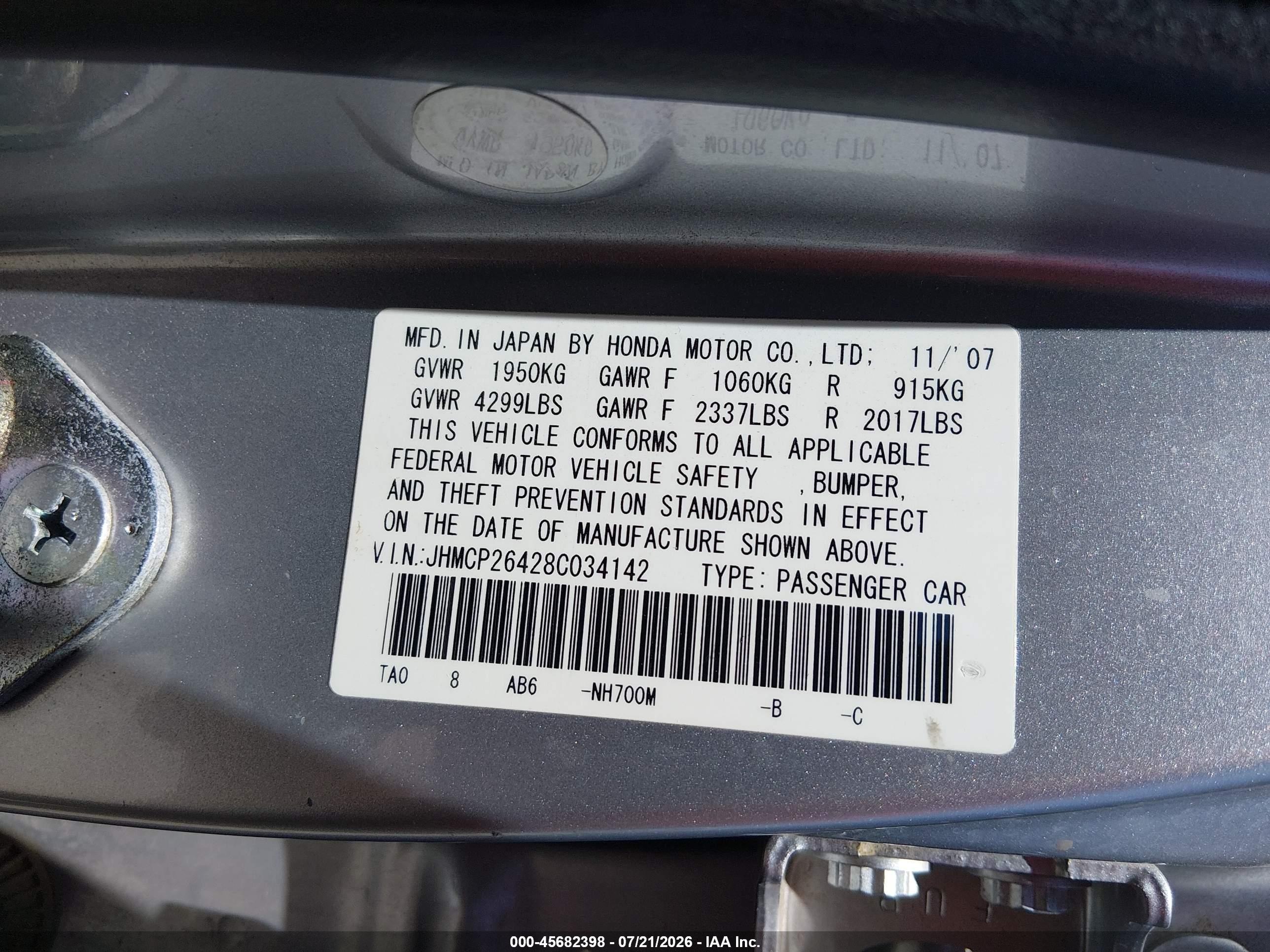 2008 Honda Accord 2.4 Lx-p Gray vin: JHMCP26428C034142