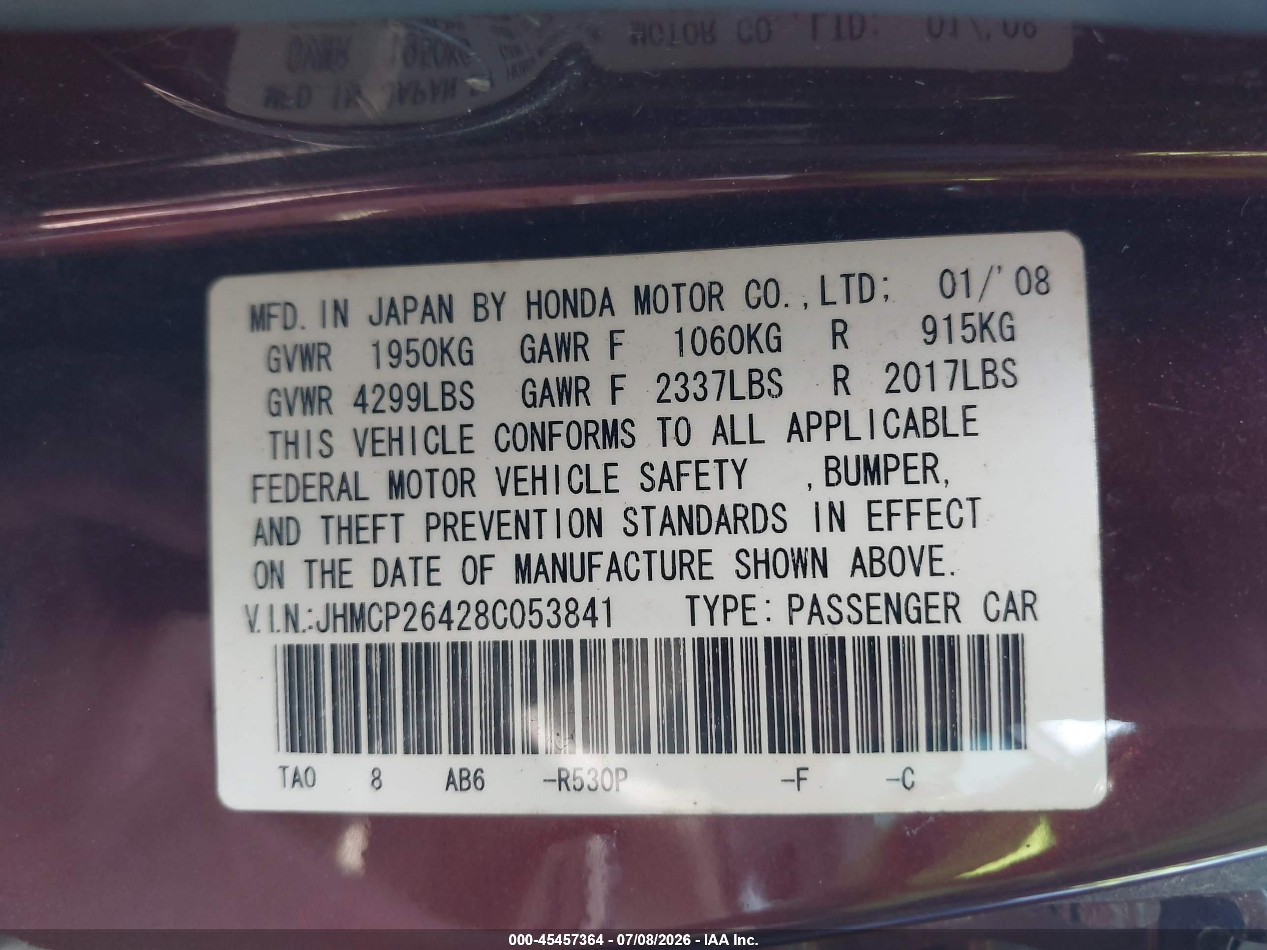 2008 Honda Accord 2.4 Lx-p Burgundy vin: JHMCP26428C053841