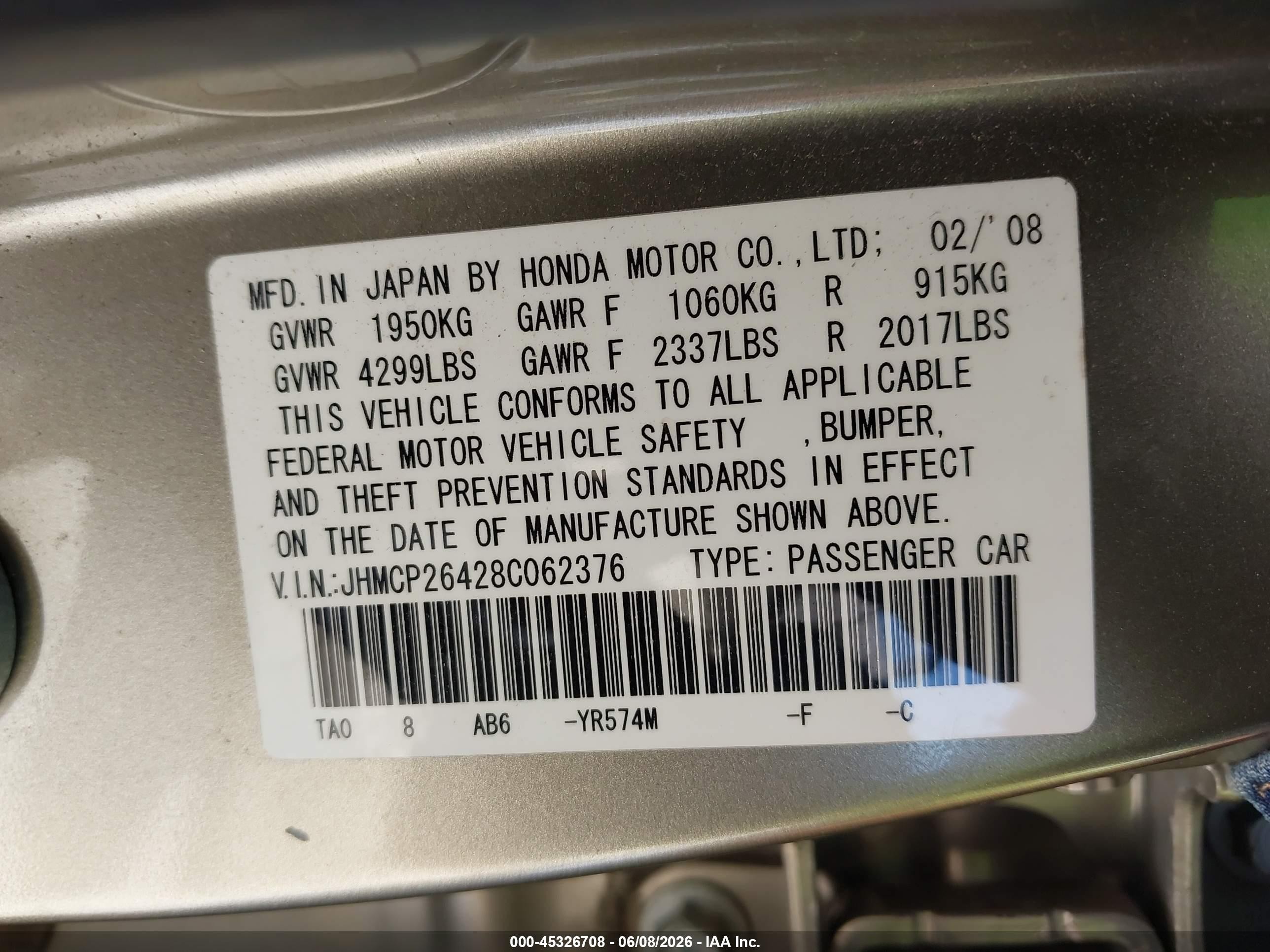 2008 Honda Accord 2.4 Lx-p Gold vin: JHMCP26428C062376
