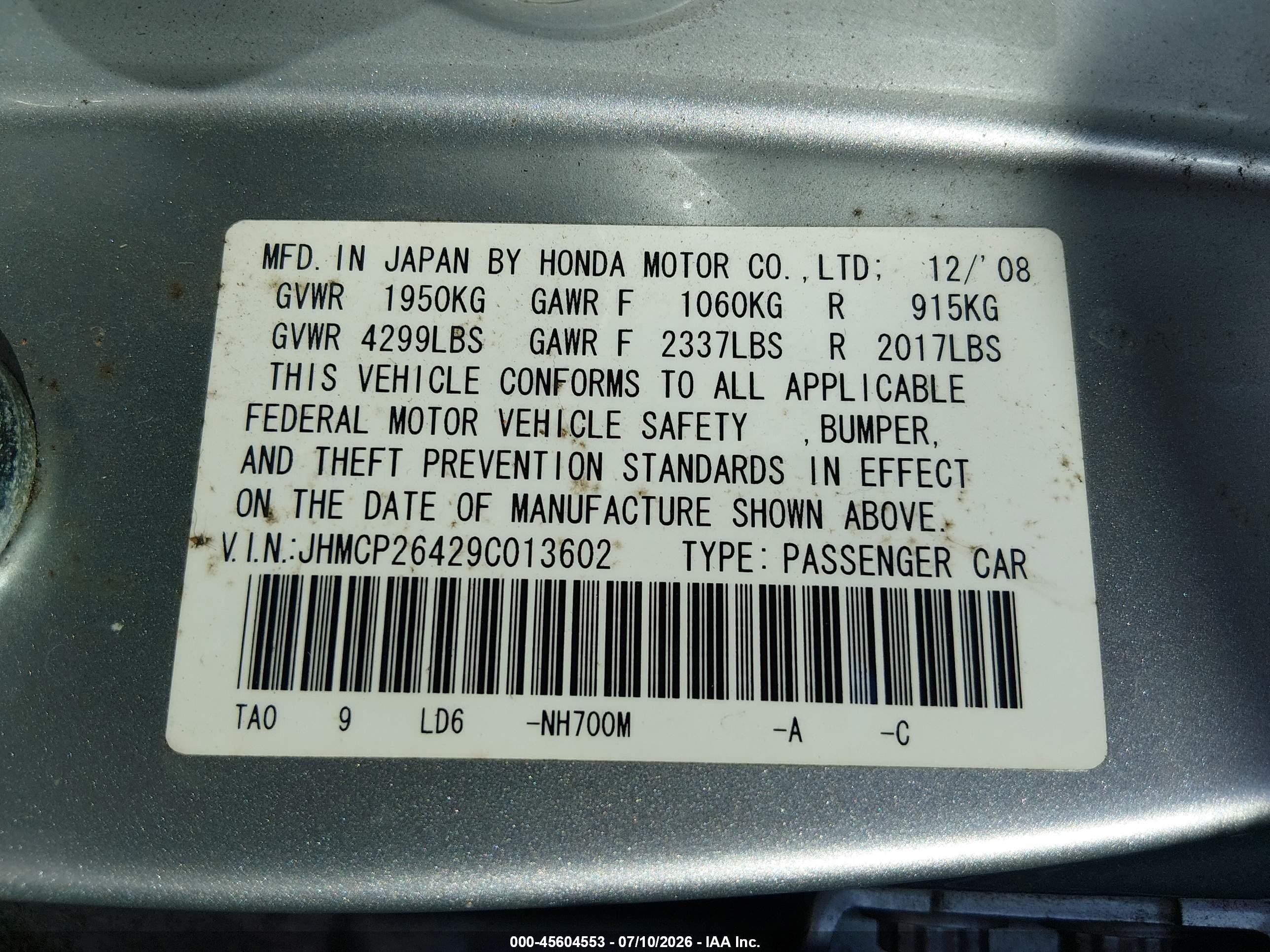 2009 Honda Accord 2.4 Lx-p Silver vin: JHMCP26429C013602