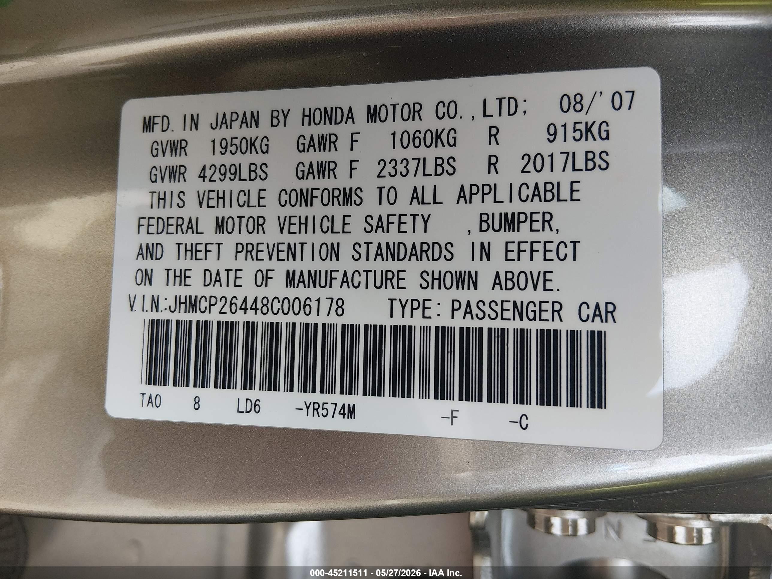 2008 Honda Accord 2.4 Lx-p Gold vin: JHMCP26448C006178