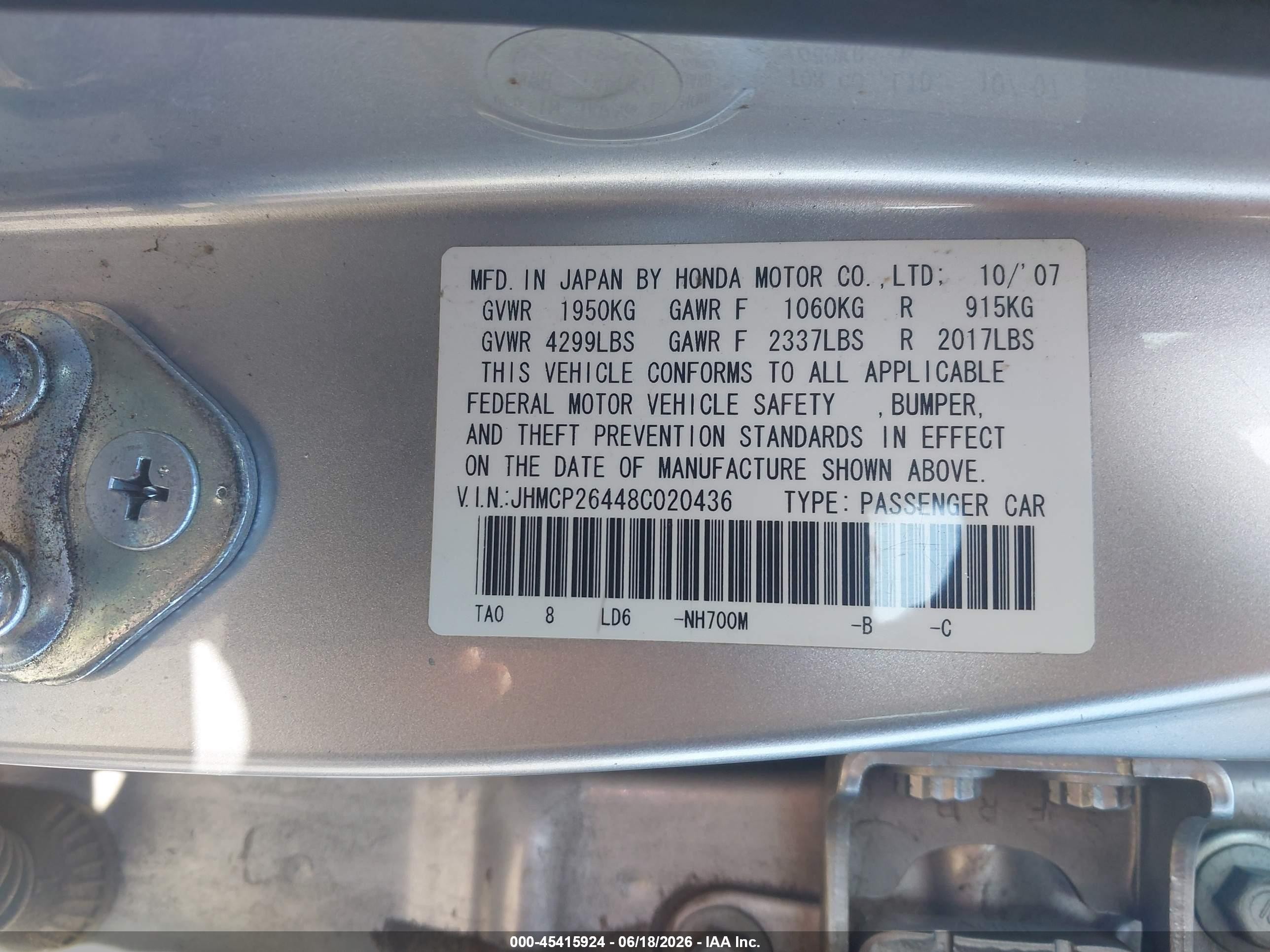 2008 Honda Accord 2.4 Lx-p Silver vin: JHMCP26448C020436