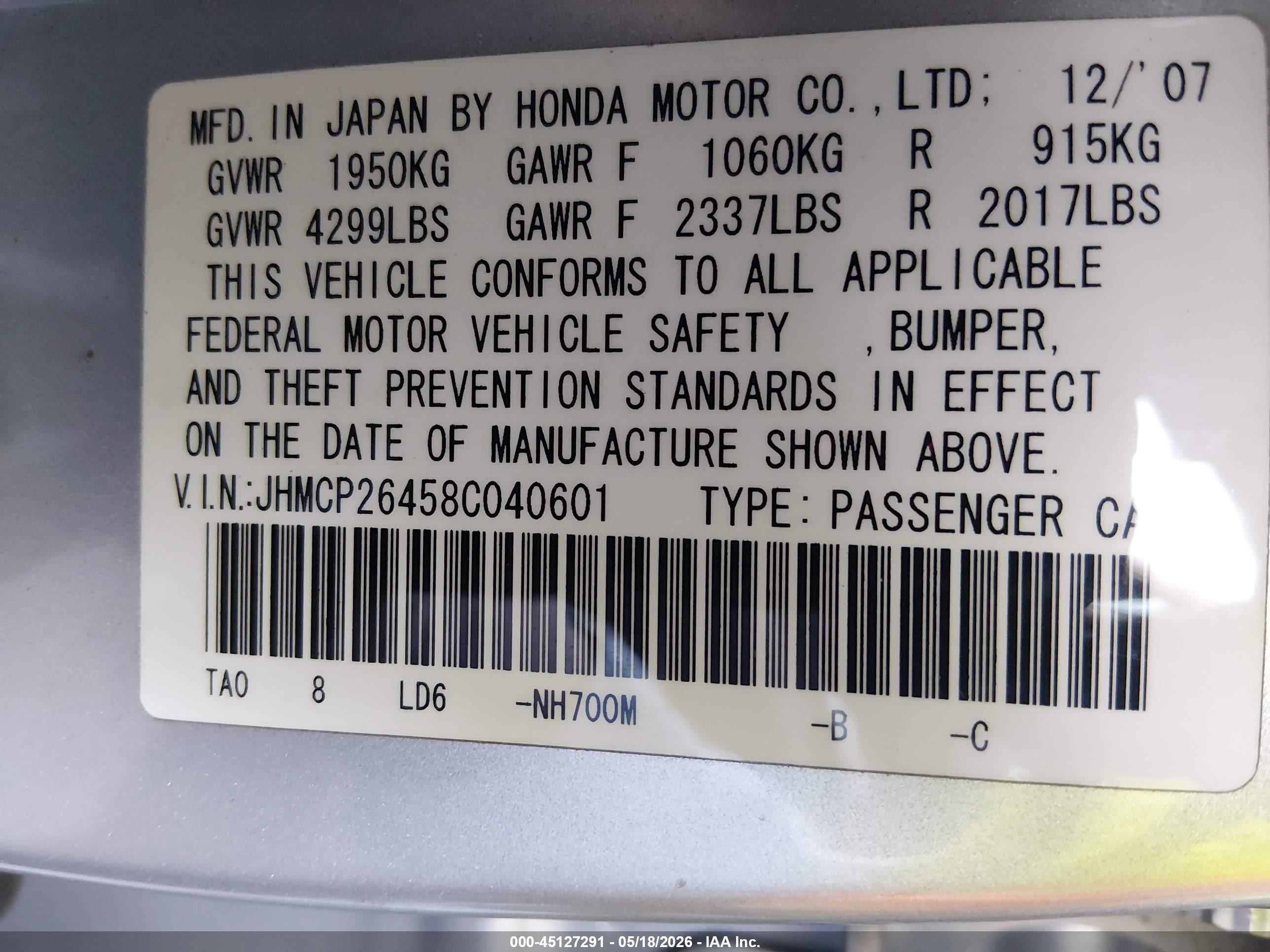 2008 Honda Accord 2.4 Lx-p Silver vin: JHMCP26458C040601