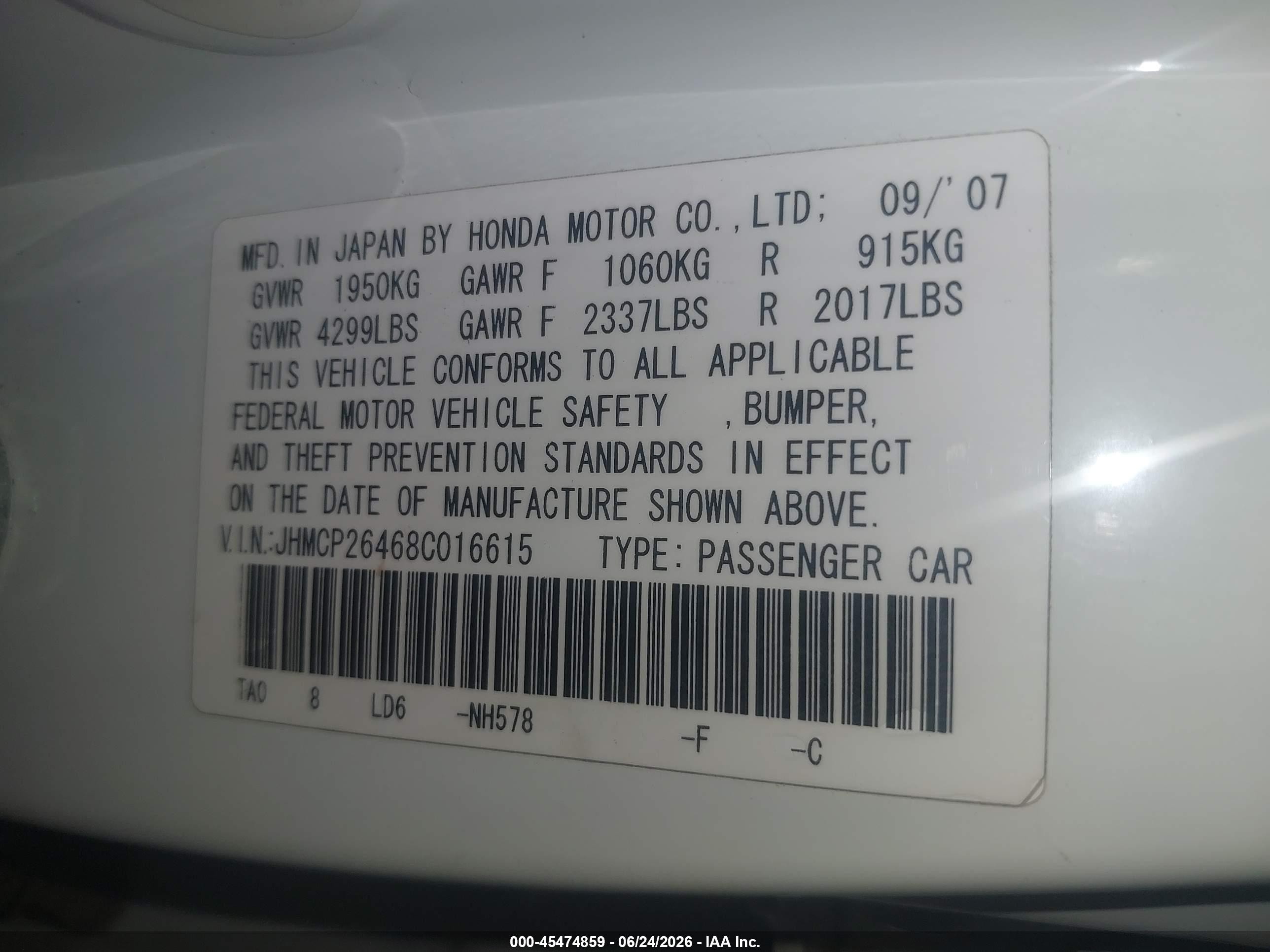2008 Honda Accord 2.4 Lx-p White vin: JHMCP26468C016615