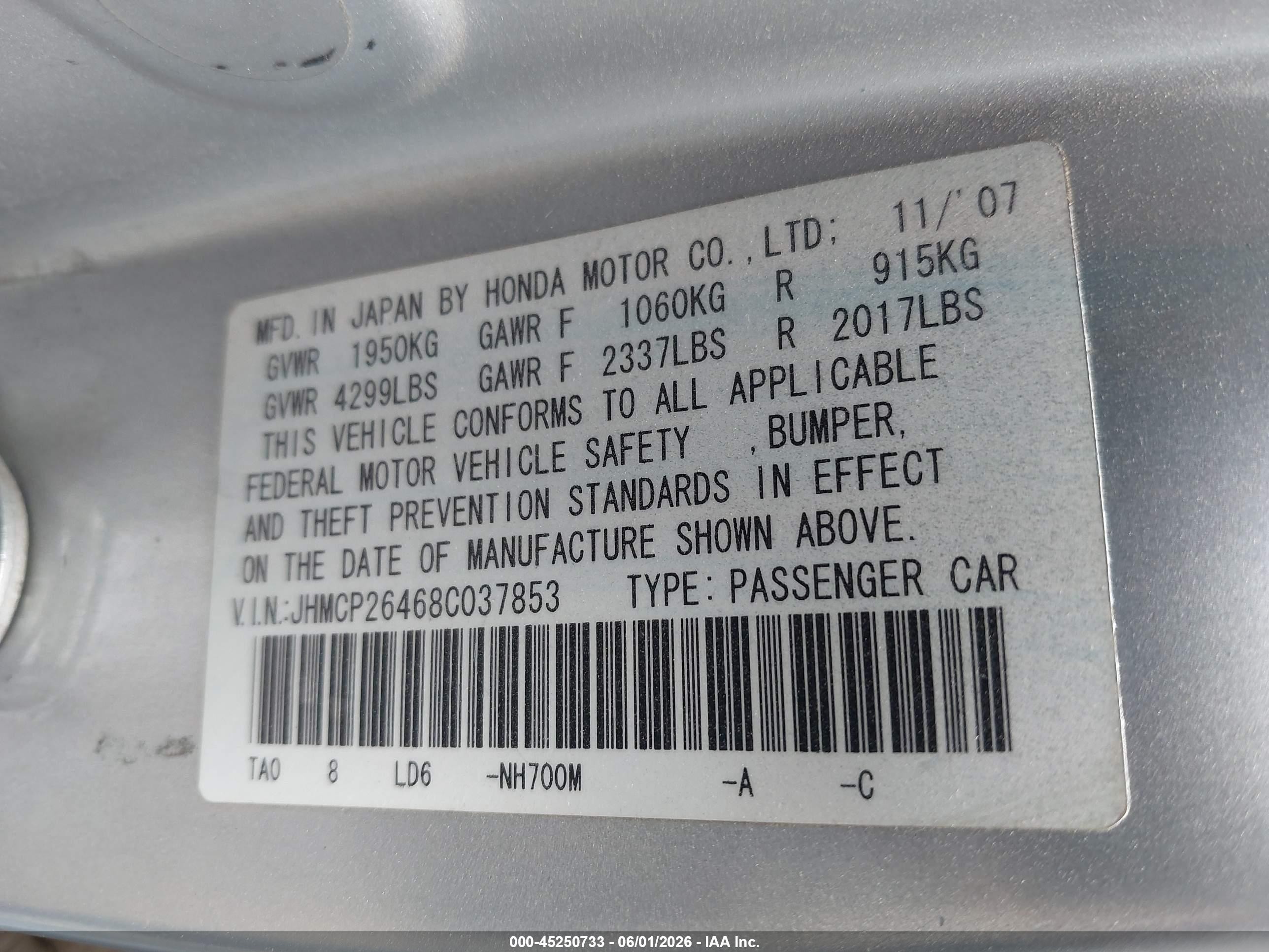 2008 Honda Accord 2.4 Lx-p Silver vin: JHMCP26468C037853