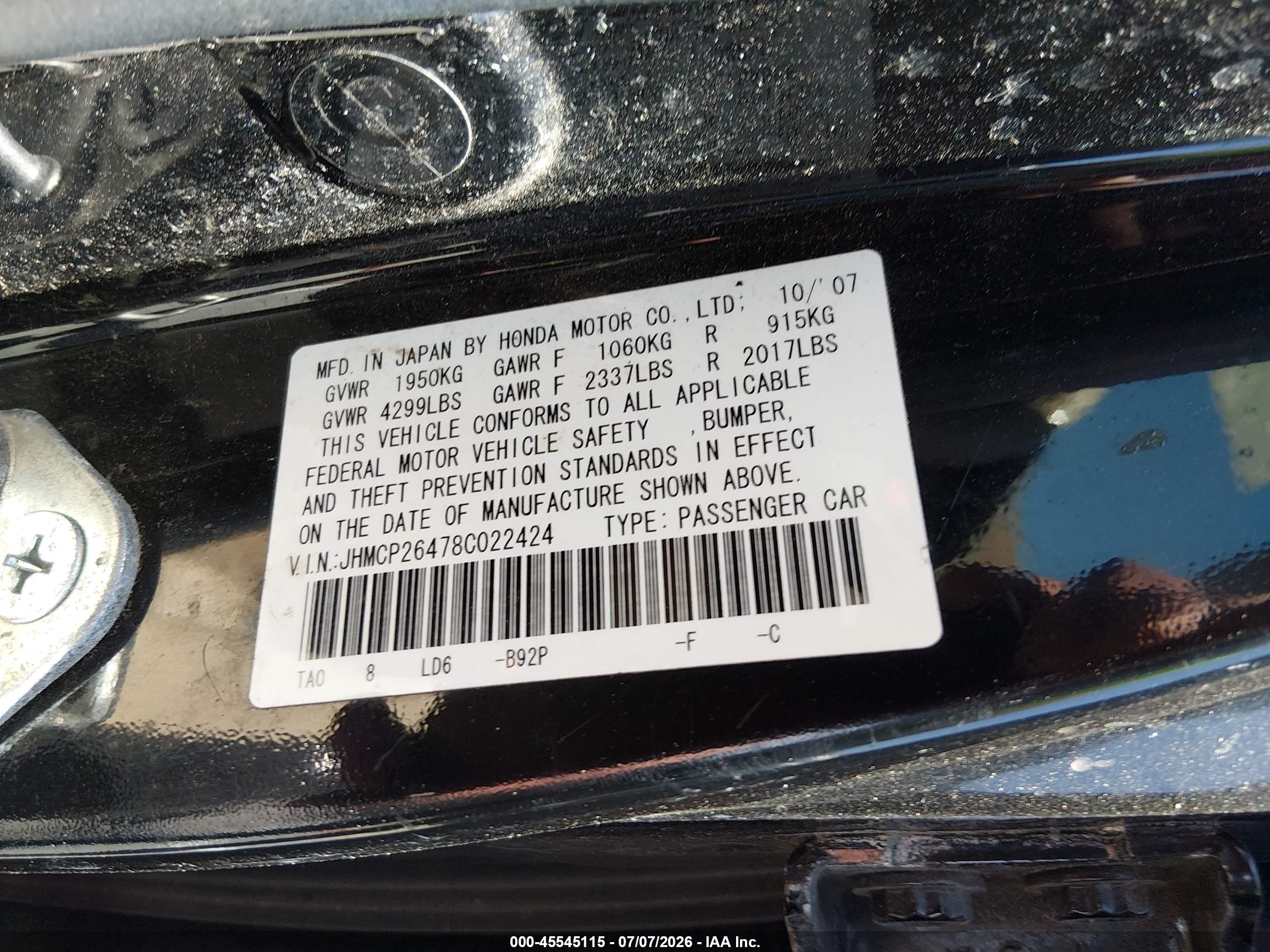 2008 Honda Accord 2.4 Lx-p Black vin: JHMCP26478C022424