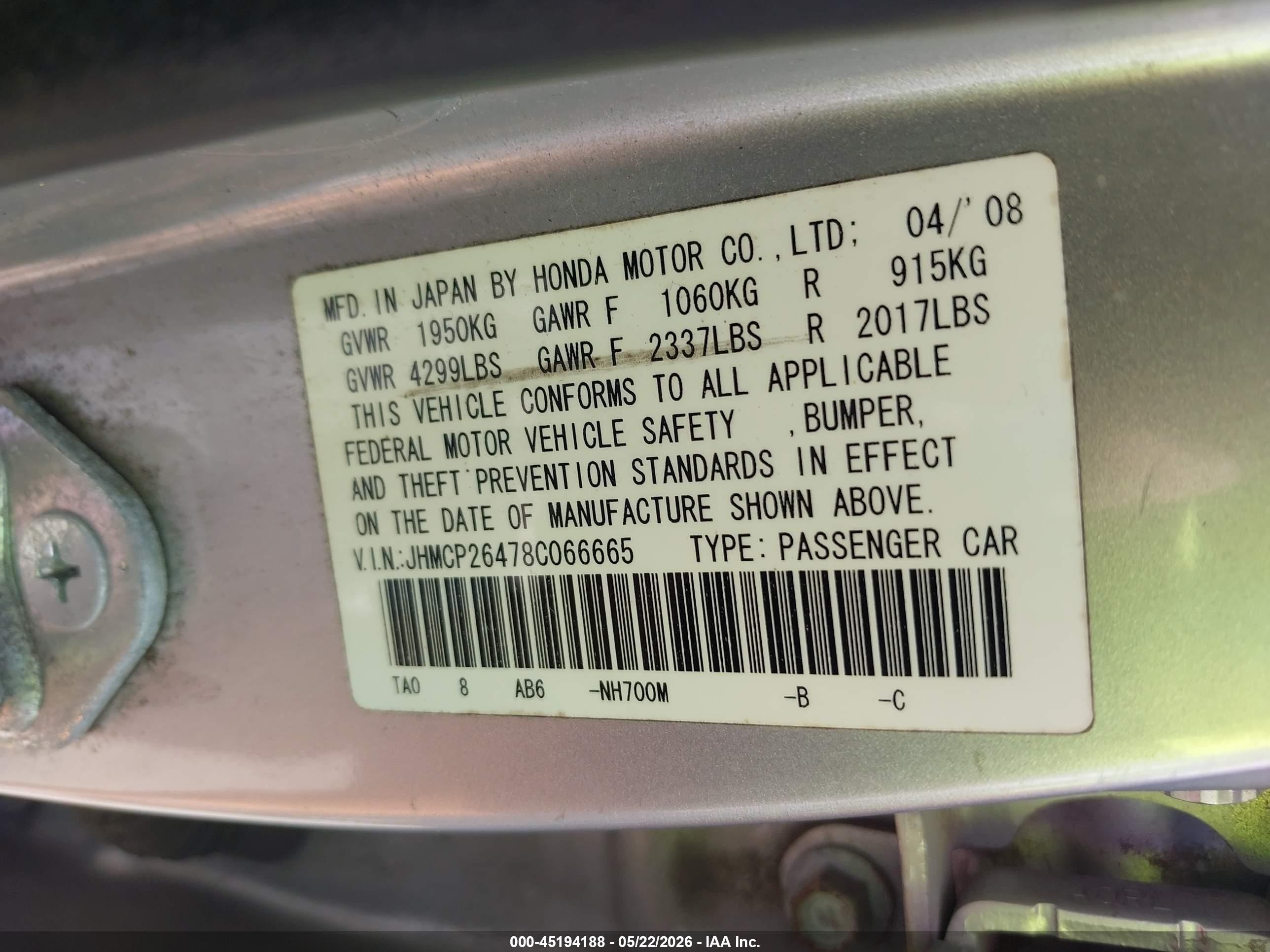 2008 Honda Accord 2.4 Lx-p Silver vin: JHMCP26478C066665